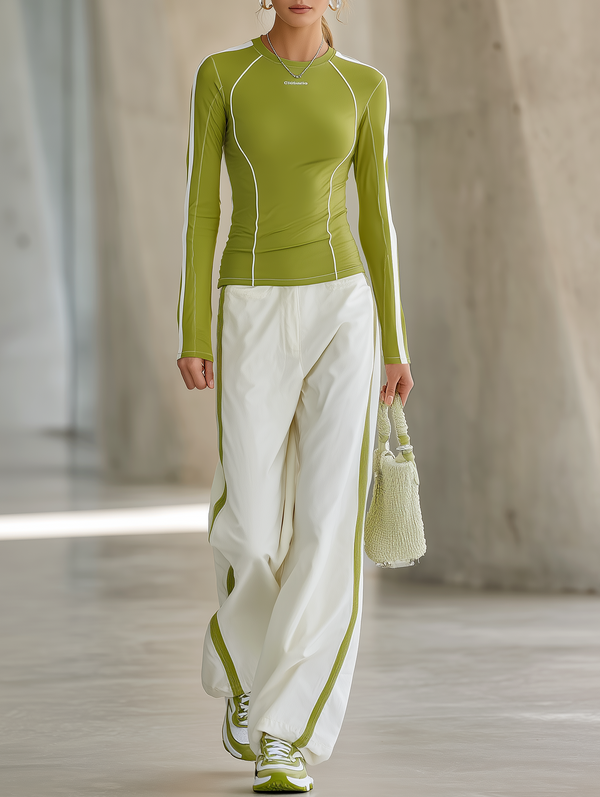 Women's Lightweight Outdoor Casual Knitted T-shirt And Wide-leg Trousers Set - Olive green