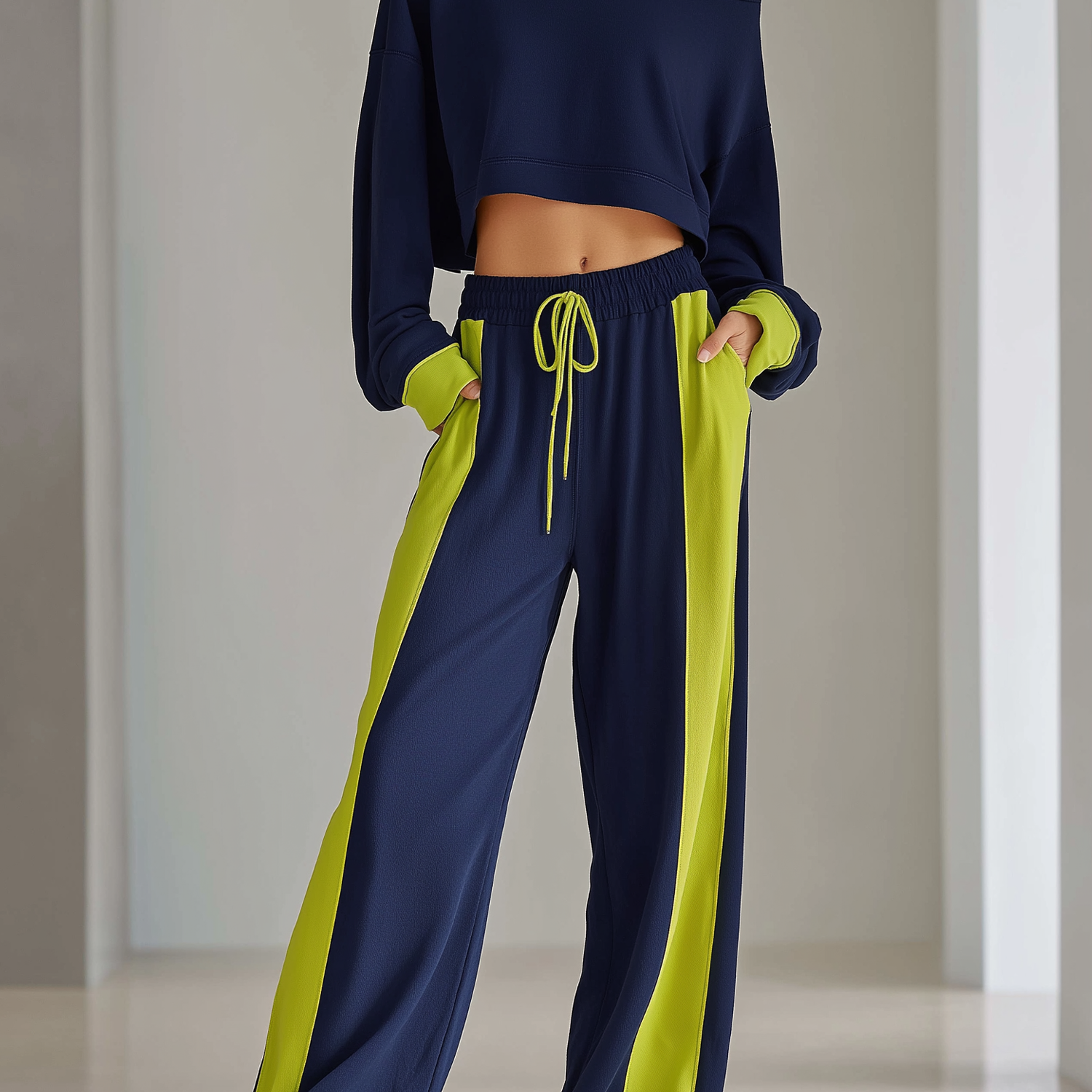 Women's Fashionable Navy Blue Color-block Off-the-shoulder Top And Wide-leg Pants Casual Set