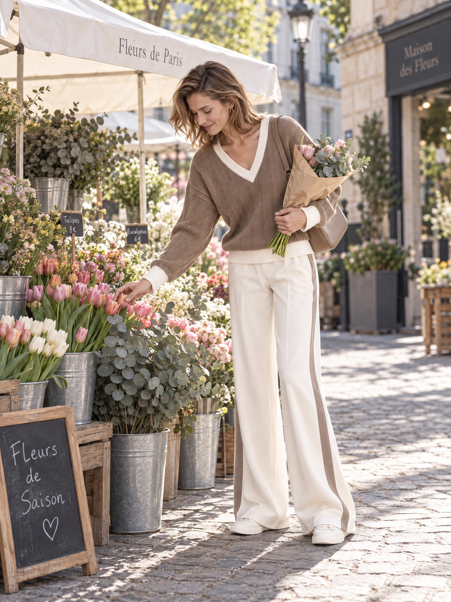 Chic And Soft-Style Khaki V-Neck Color-Block Long-Sleeve Sweater And Wide-Leg Pants Set