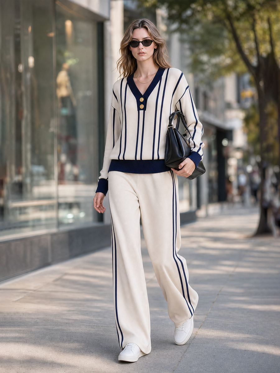 Off‑White Navy Vertical‑Stripe V‑Neck Gold‑Button Knit Wide Leg Pants Set