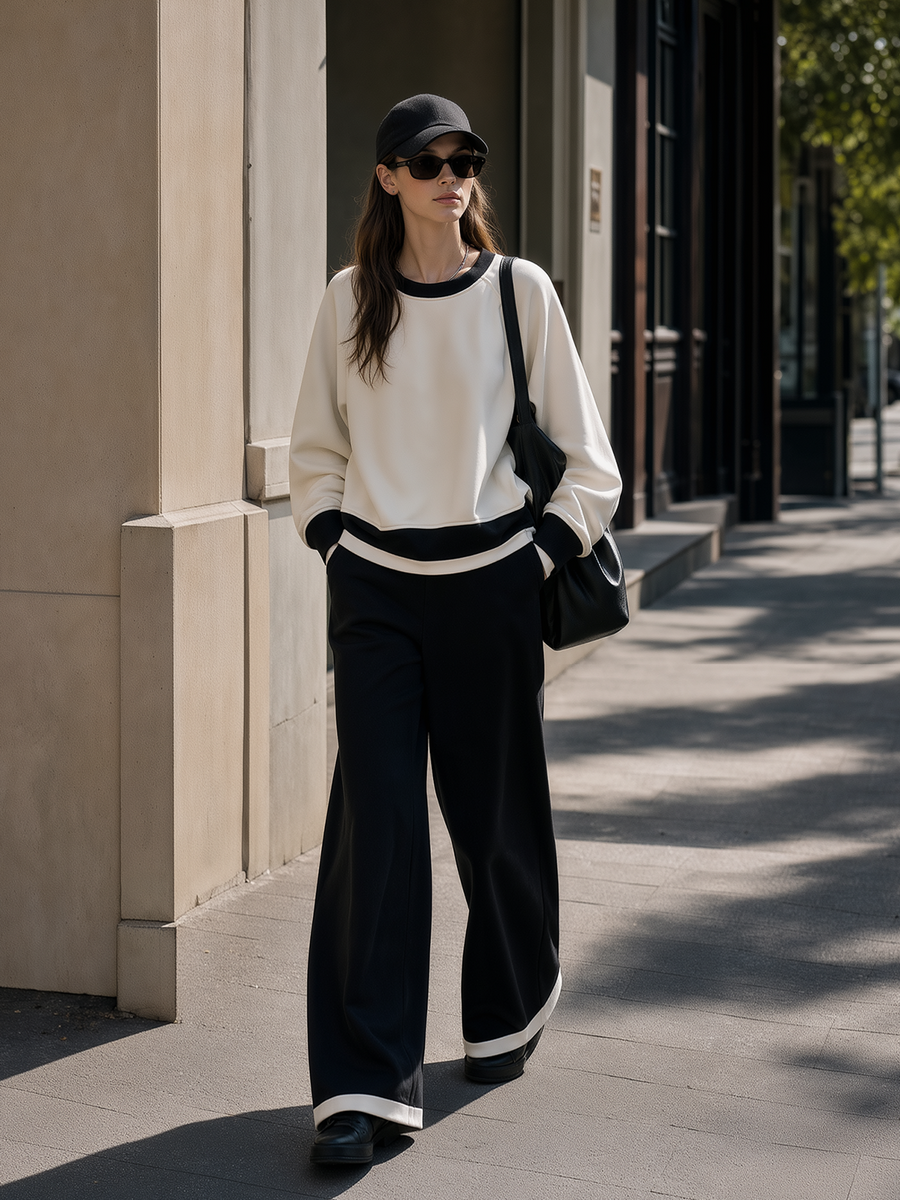 Black And White Color-block Raglan-sleeve Sweatshirt And Wide-leg Trousers Set