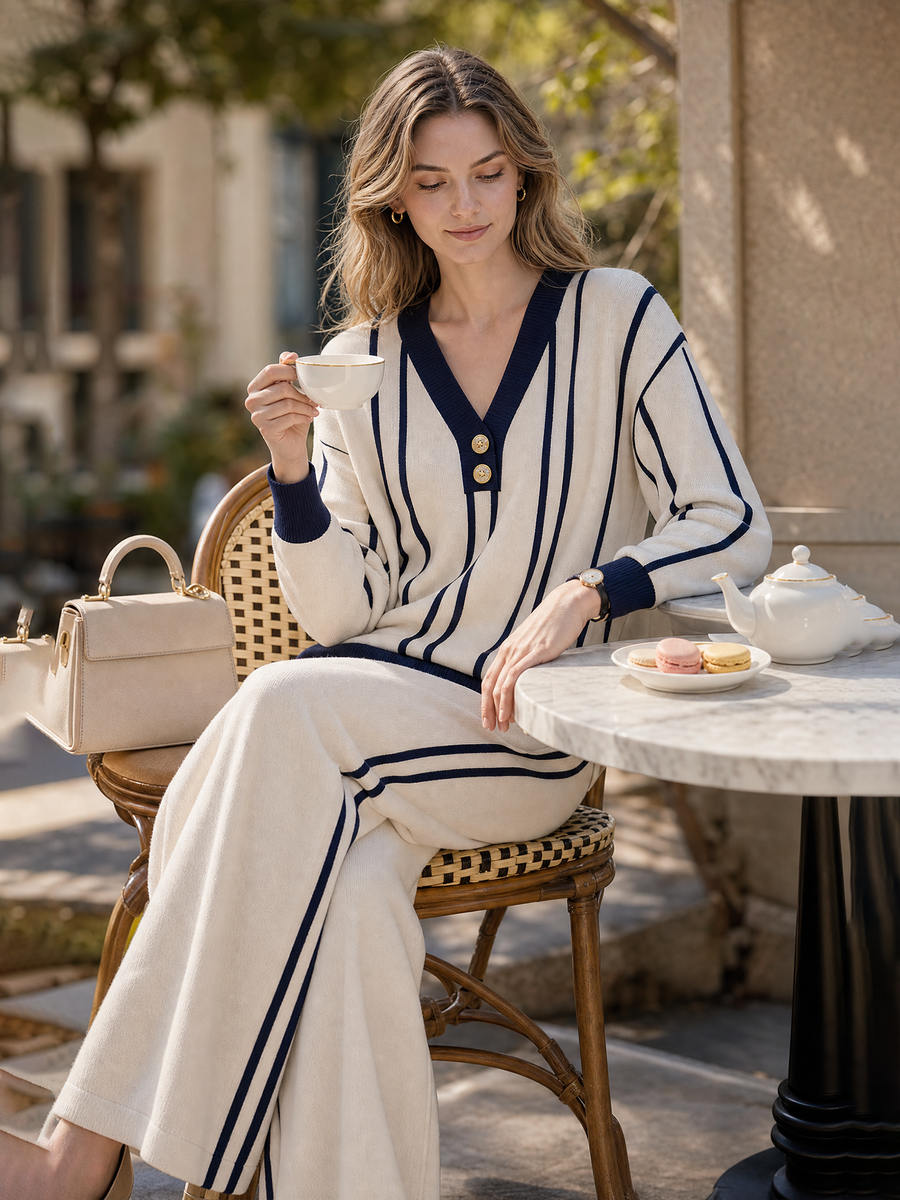 Off‑White Navy Vertical‑Stripe V‑Neck Gold‑Button Knit Wide Leg Pants Set