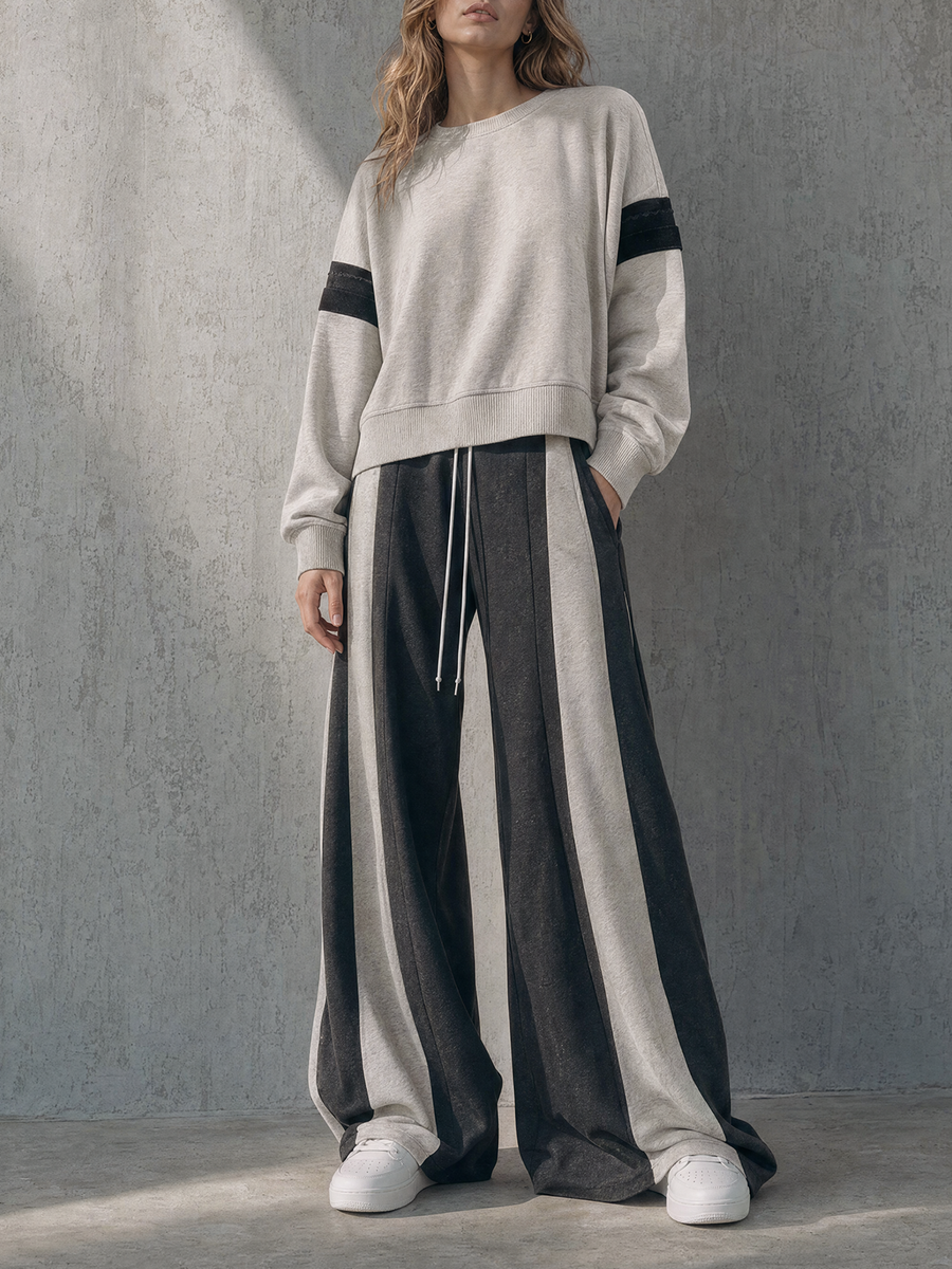 Oatmeal Varsity-Stripe Sweatshirt & Color-Block Wide-Leg Pants Set