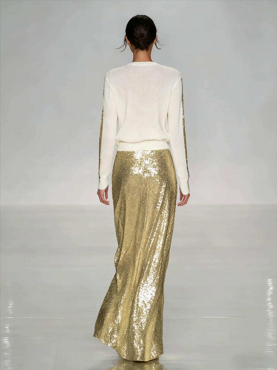 Women's Fashionable Casual Round Neck Knitted Top With Sequined Long Skirt Suit