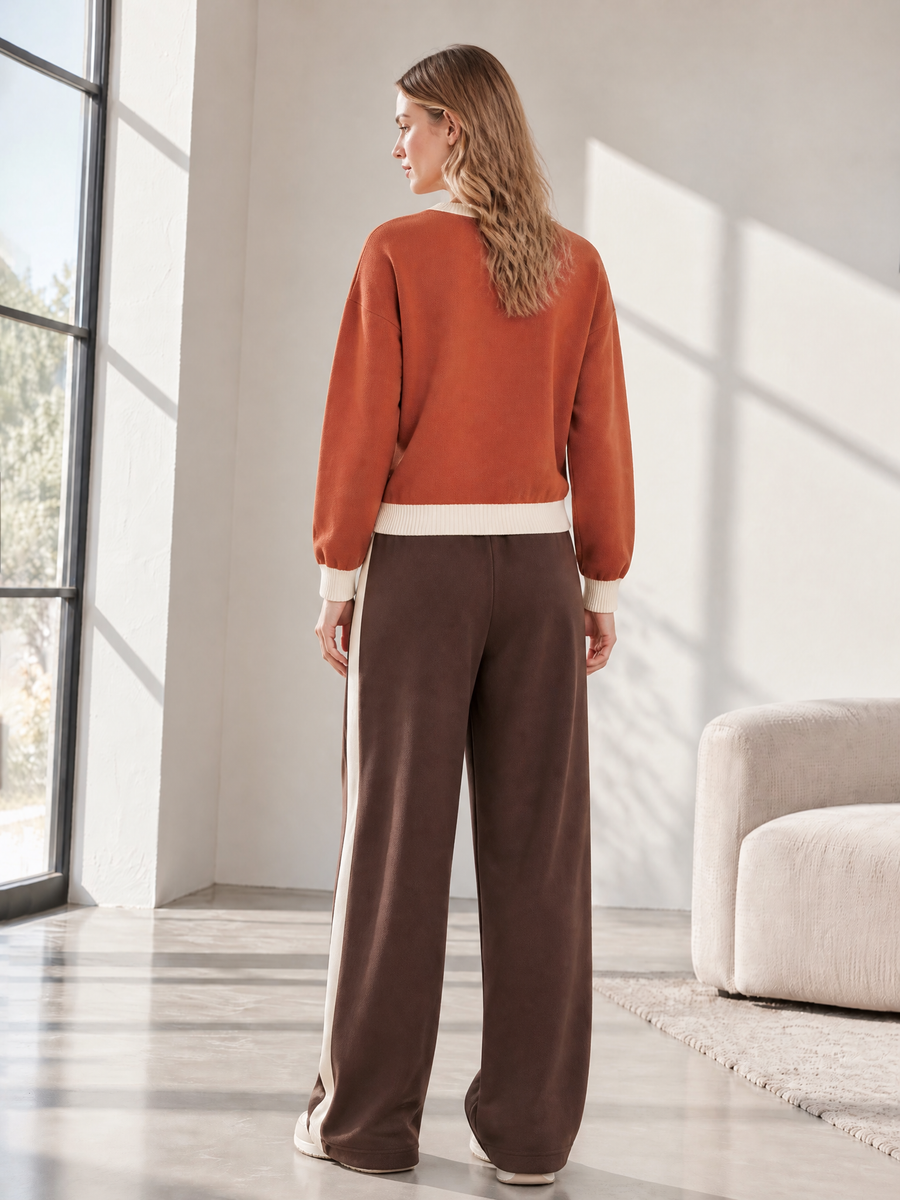 Pumpkin-orange Embroidered Sweatshirt And Wide-leg Pants Set