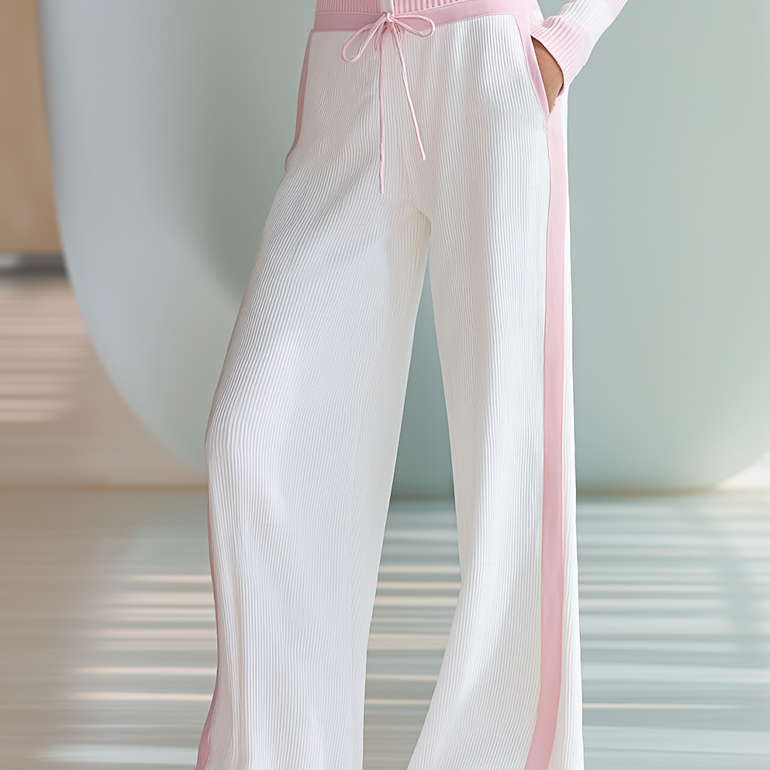Women's Stylish Casual White And Pink Color-blocked Knitted Wide-leg Pants