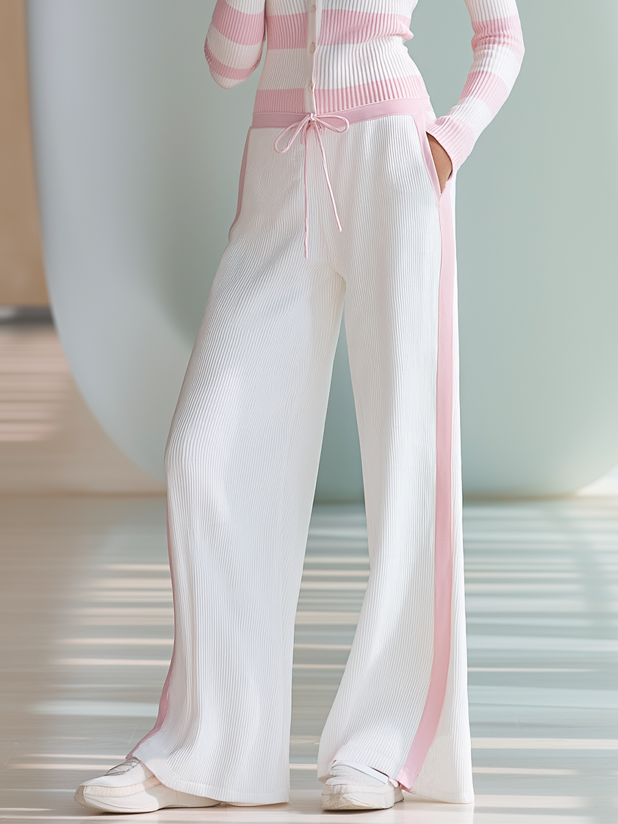 Women's Stylish Casual White And Pink Color-blocked Knitted Wide-leg Pants