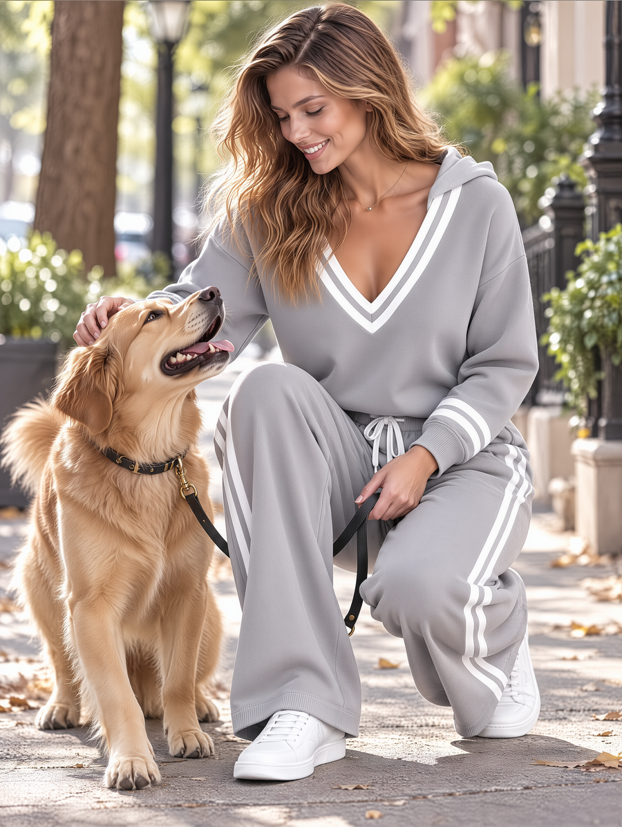 Grey Varsity-Stripe Hooded V-Neck Sweatshirt And Wide-Leg Pants Set