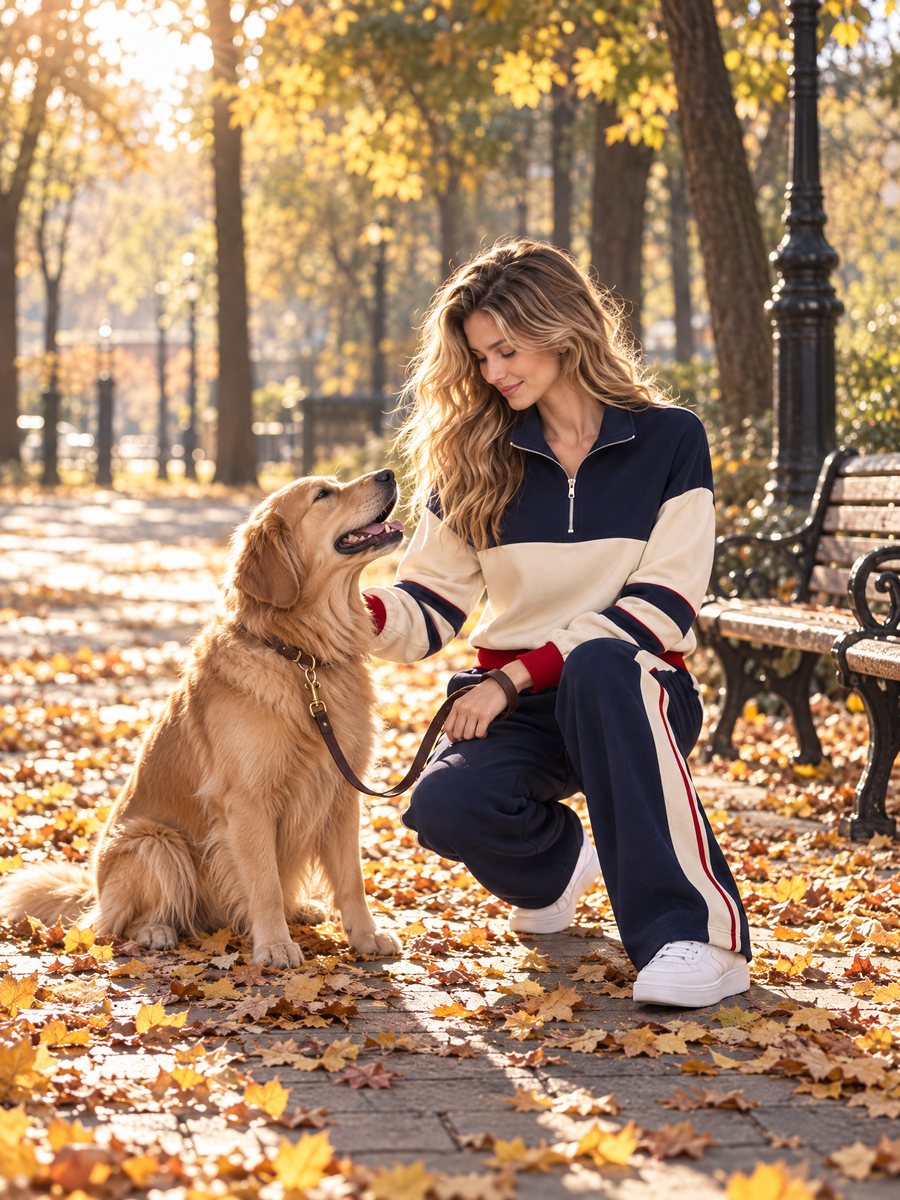 Beige And Navy Color-block Half-zip Top And Trousers Set In A Casual Sporty Style