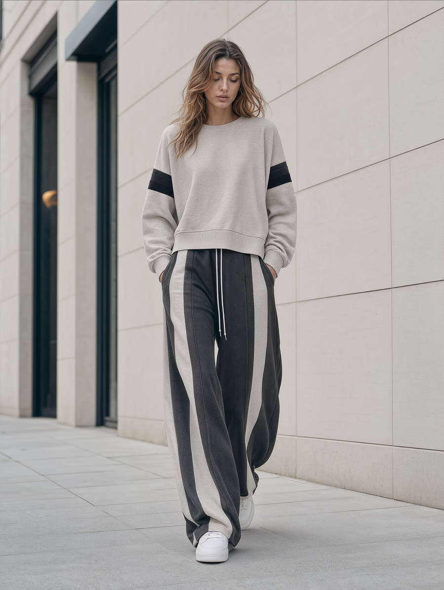 Oatmeal Varsity-Stripe Sweatshirt & Color-Block Wide-Leg Pants Set