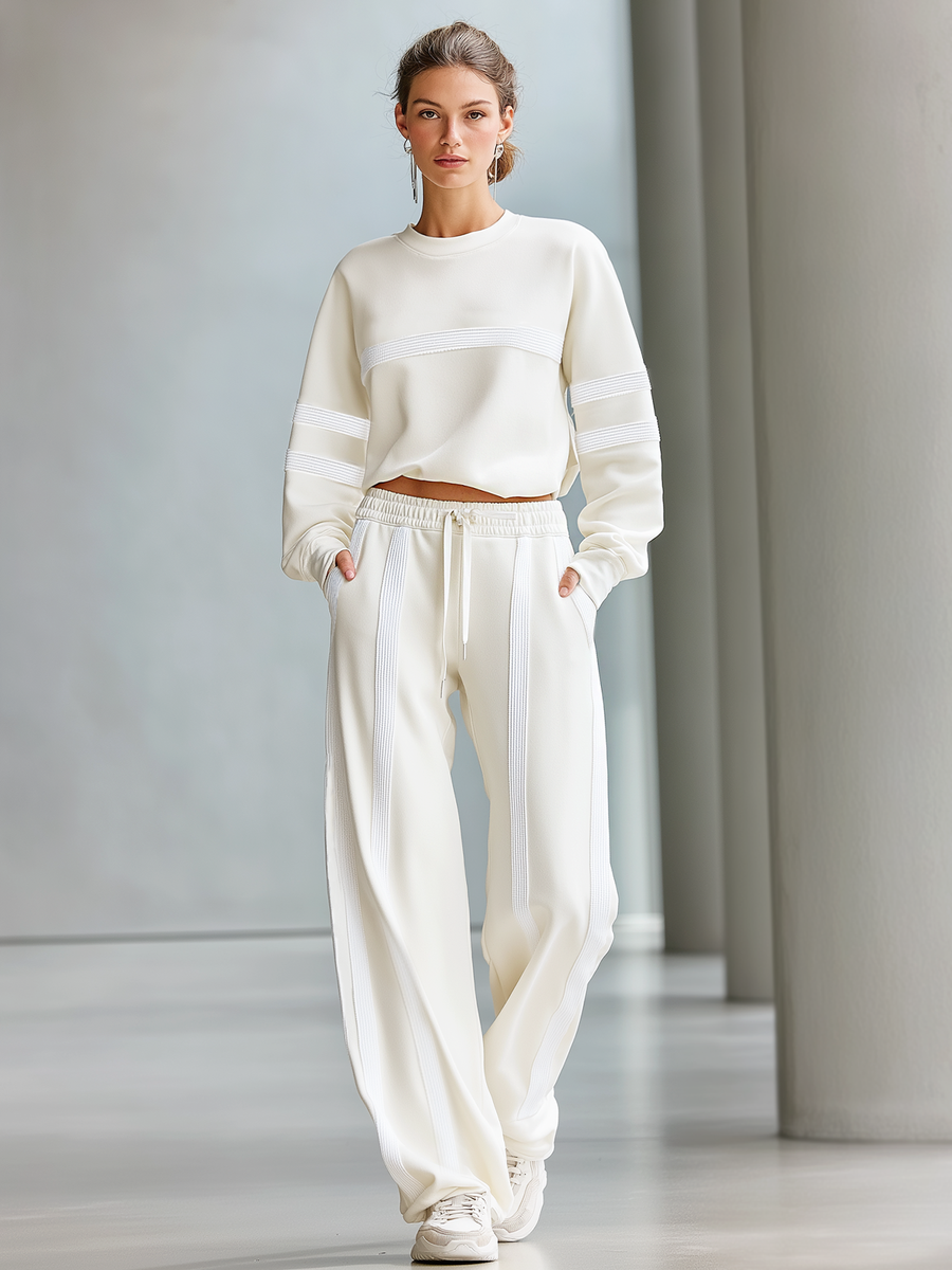 Women's Stylish Casual Beige Textured Patchwork Sweatshirt And Wide-leg Pants Set