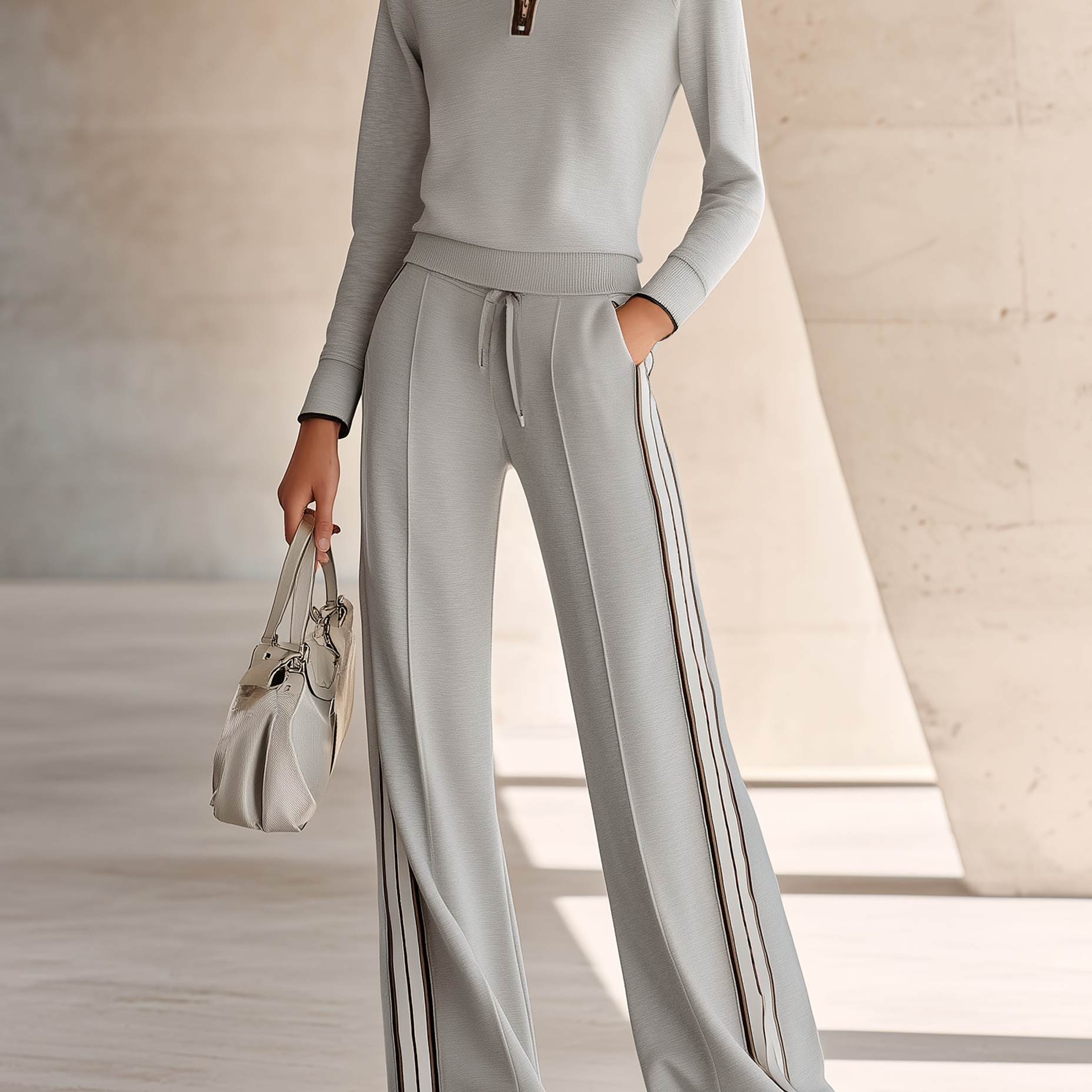 Women's Light Gray Half-Zip Long-Sleeve T-Shirt Slim-Fit Slimming Athletic Set