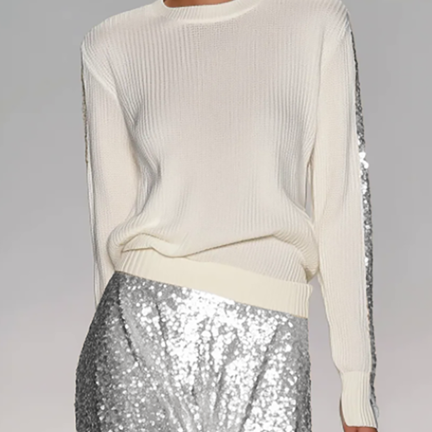 Women's Off-white Round Neck Sequined Sleeve Knit Pullover Sweater