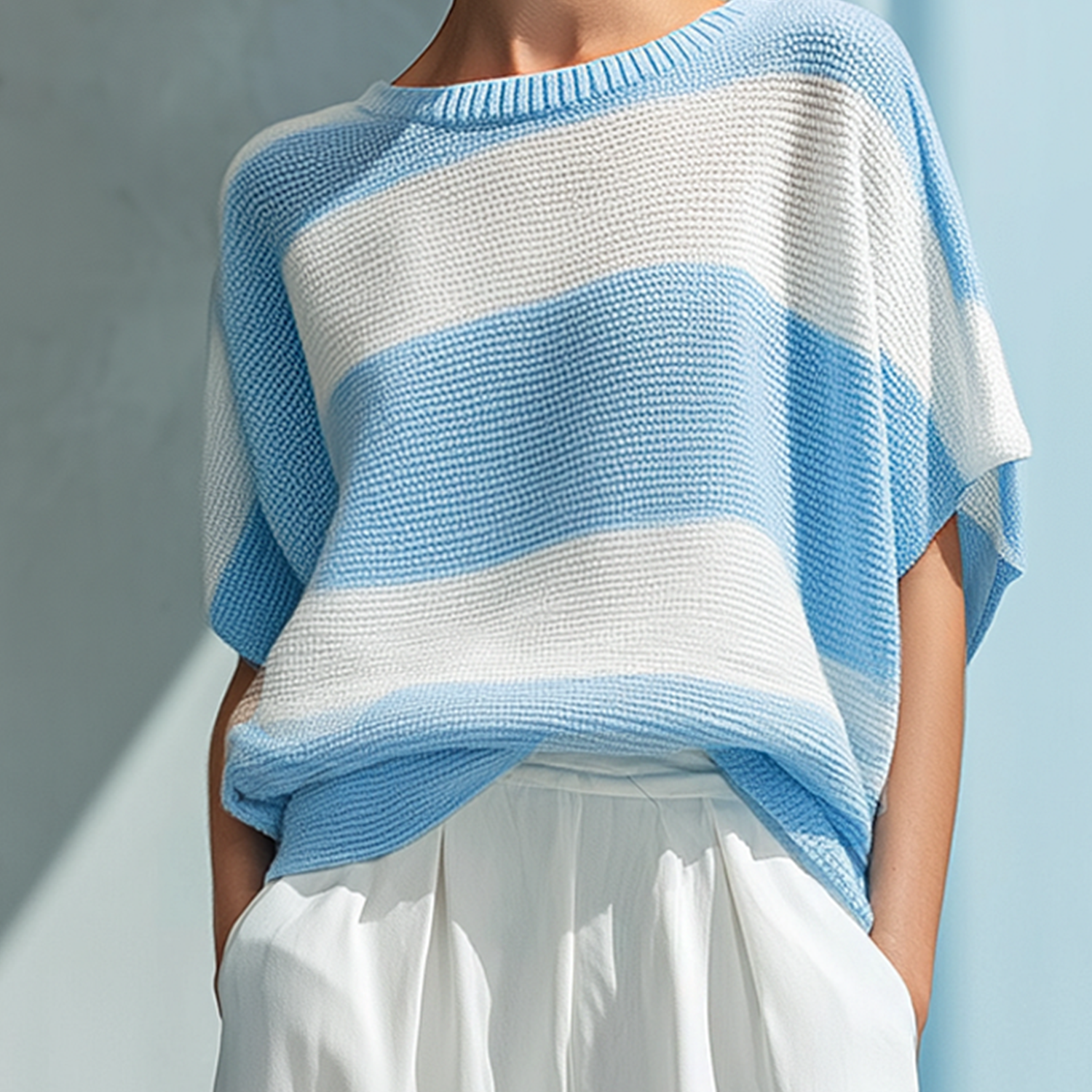 Women's Fashionable Casual Lightweight Blue And White Striped Batwing Sleeve Knitted Top