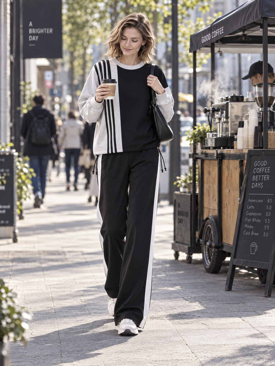 Stylish Casual Black & White Color-Block Long-Sleeve Crew-Neck Top And Pants Set