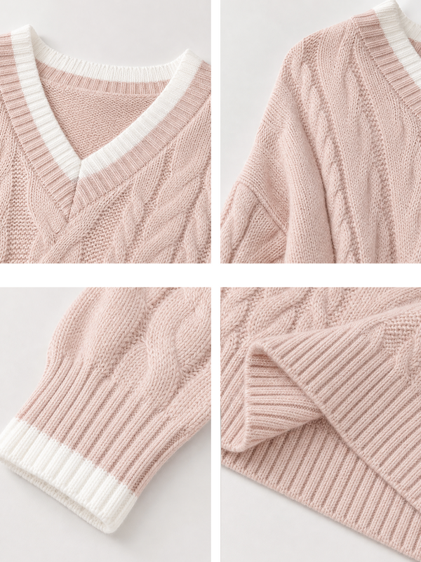 Pink V‑Neck Cable Knit Sweater & Side Stripe Wide‑Leg Pants Set