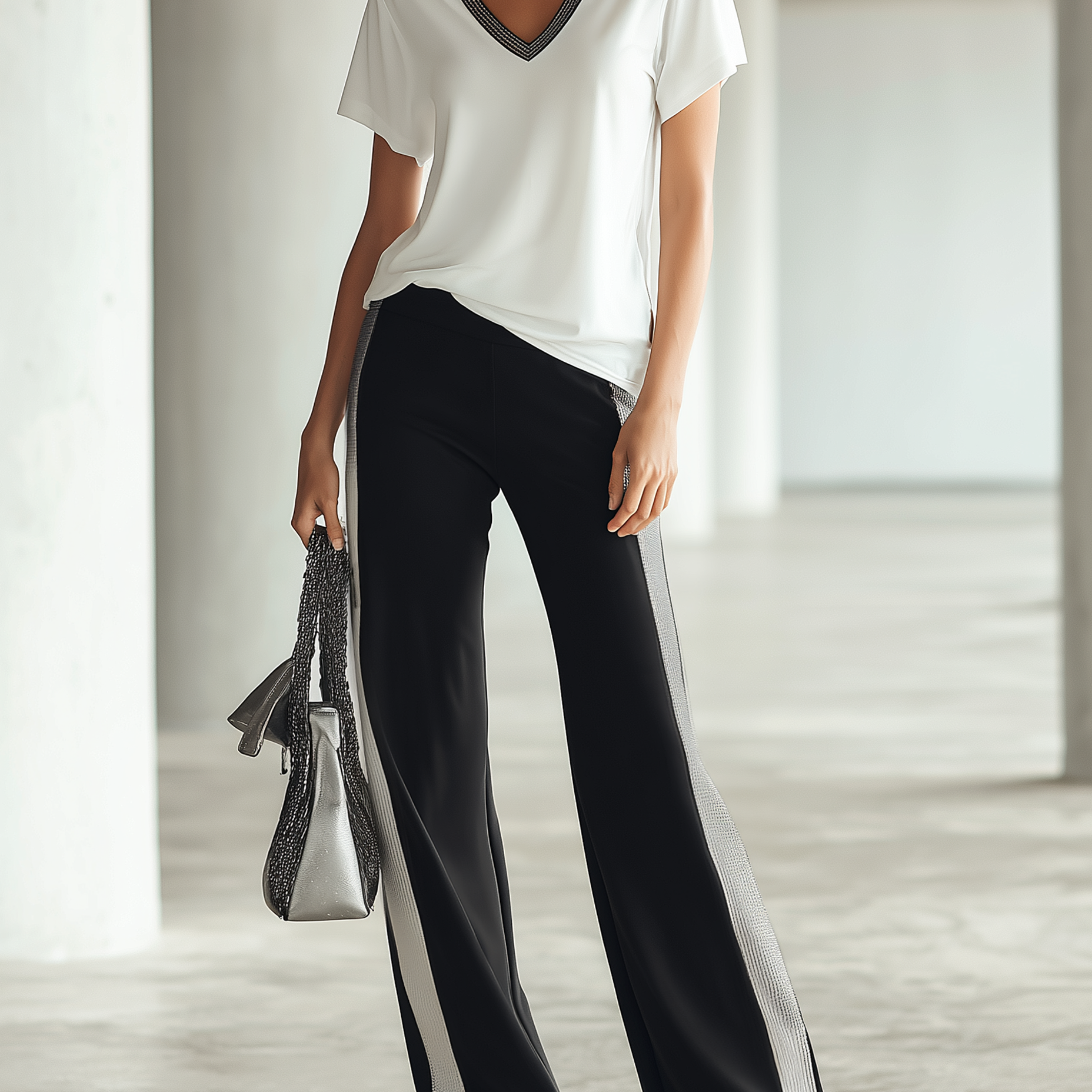 Women's White V-neck T-shirt And Black Wide-leg Pants With Silver Trim Set