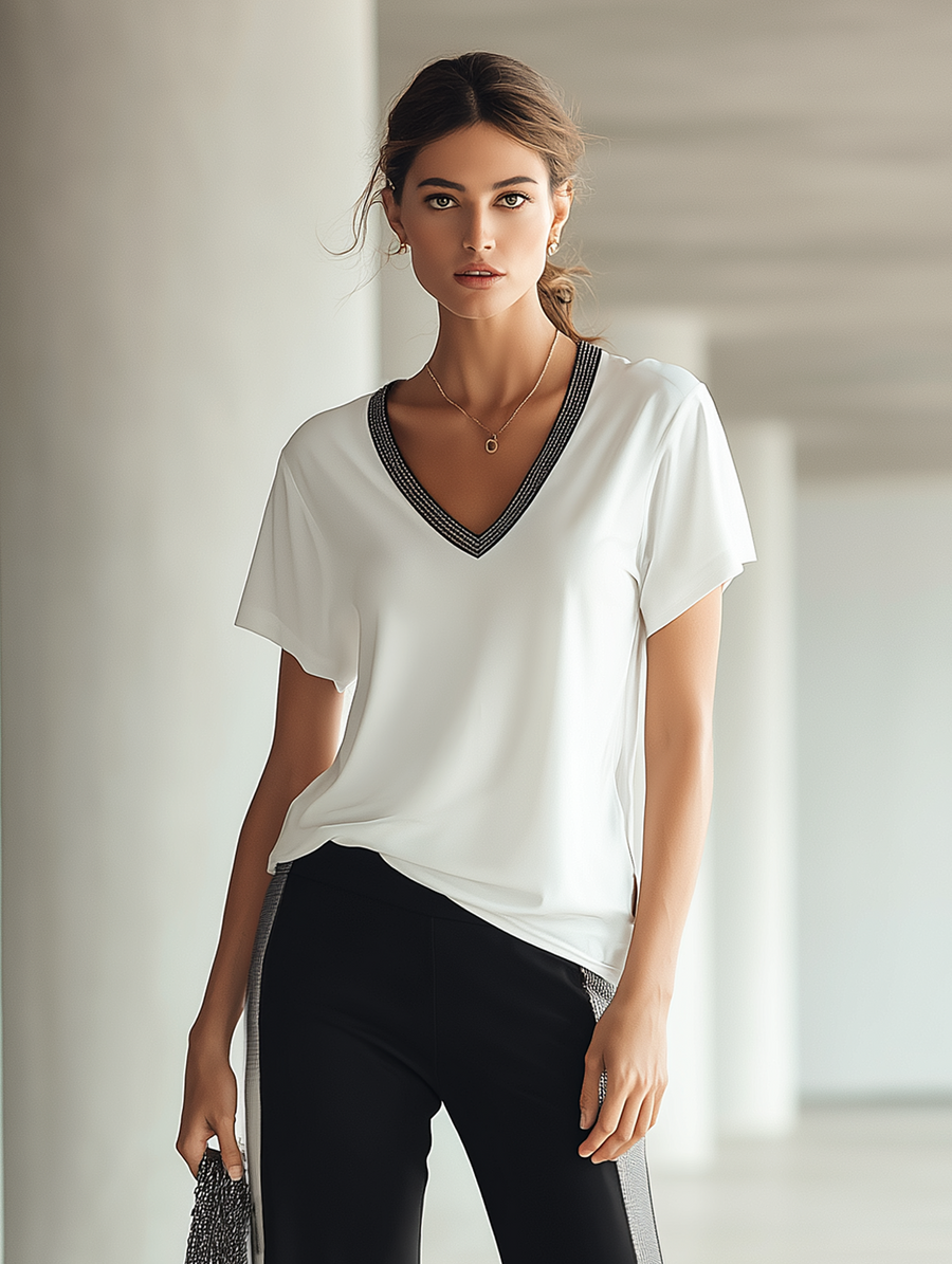 Women's White V-neck T-shirt And Black Wide-leg Pants With Silver Trim Set