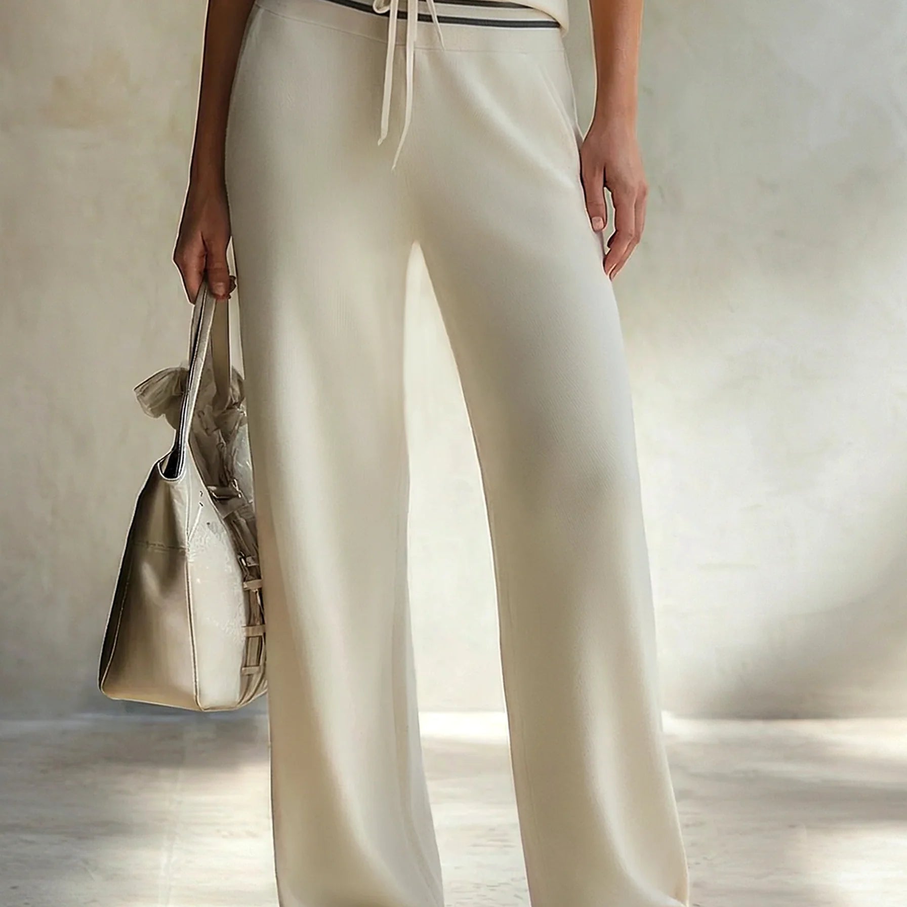Women's Light Beige Ribbed Knit Slim-fit Casual Pants With A Flowing Drape