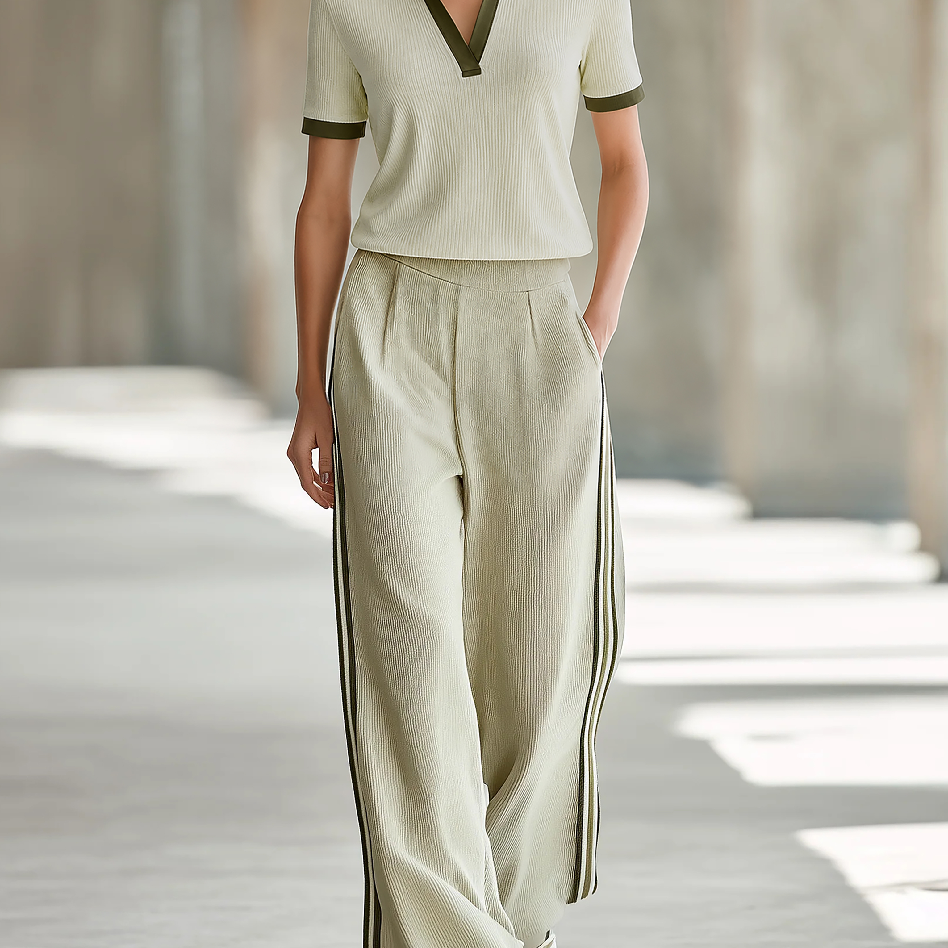 Light Olive Green Ribbed Knit Short-Sleeve Polo & Side-Stripe Wide-Leg Pants Set