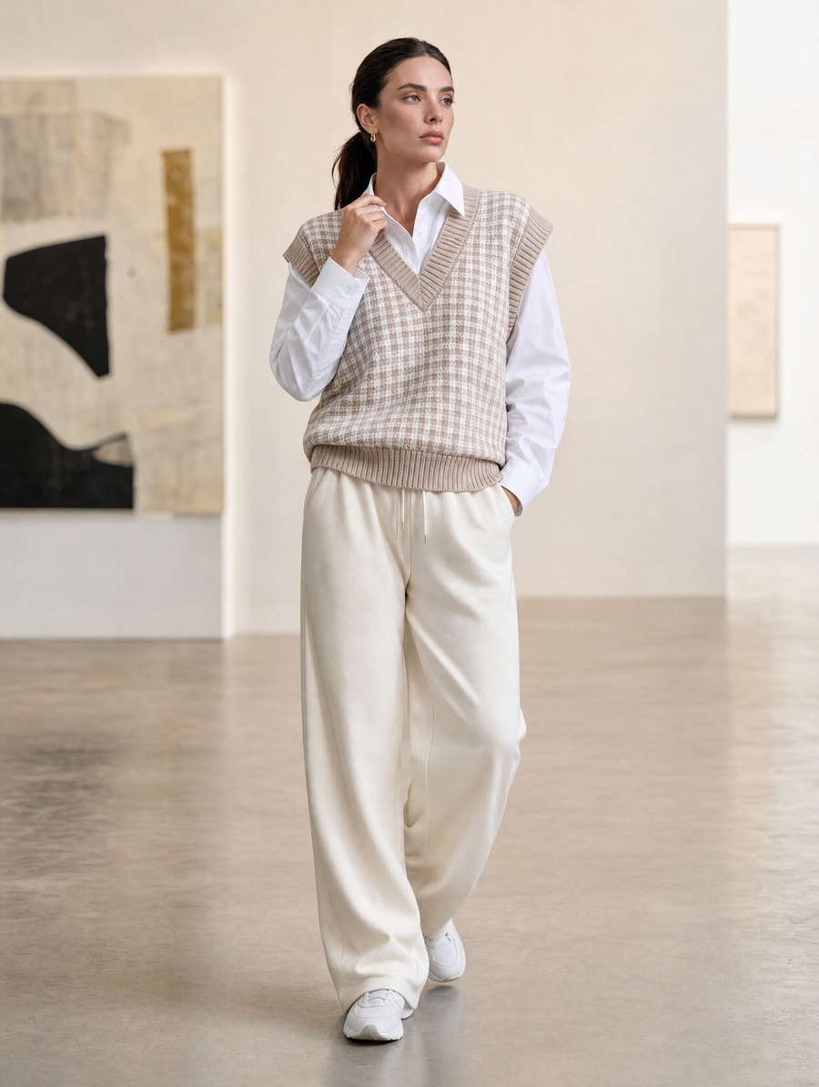 Beige Houndstooth Knit Vest & Cream Wide-Leg Pants Set