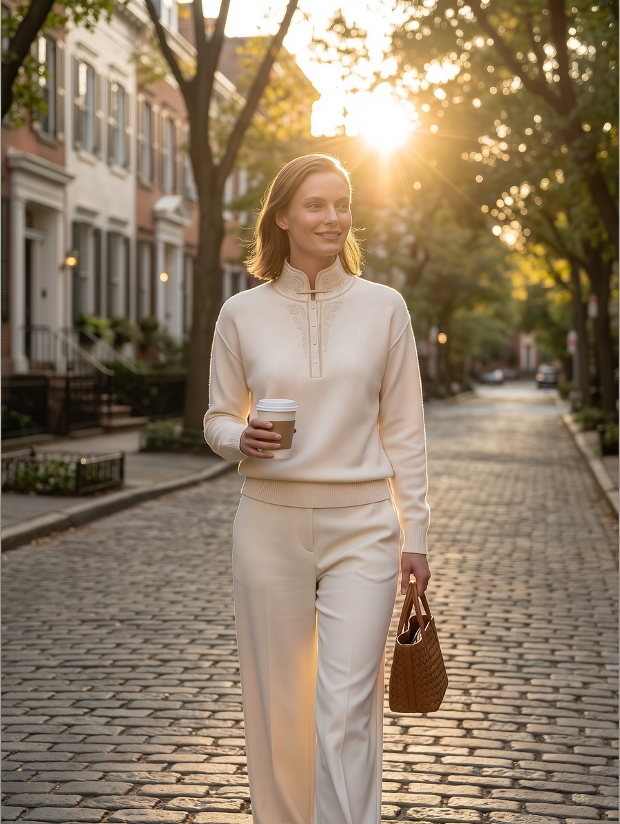 Ivory Embroidered Mock Neck Half-Button Knit Sweater