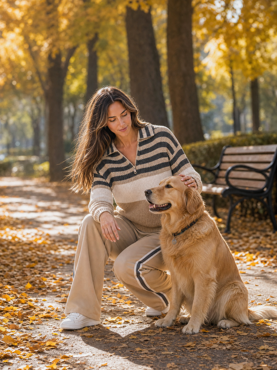 Stylish Casual Khaki Striped Color-Block Long-Sleeve Sweater And Pants Set With Half-Zip Collar