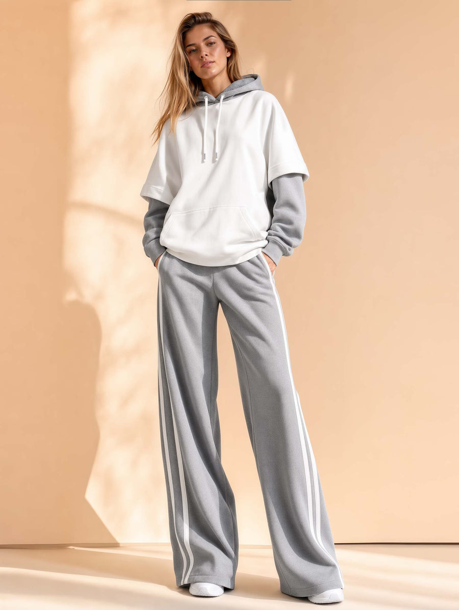 Casual Sporty White And Grey Color-block Faux-layered Hooded Top And Pants Set