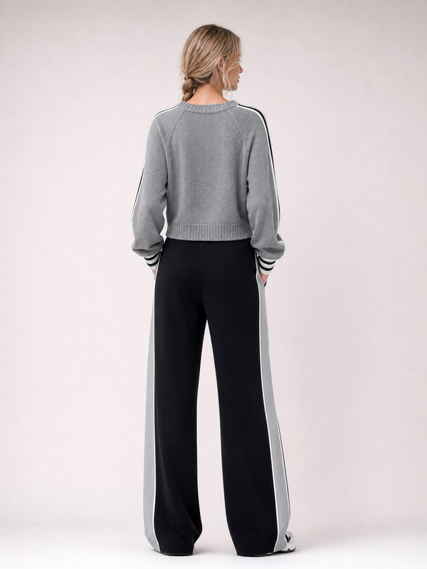 Grey Cable-knit Sweater And Striped Wide-leg Trousers Set