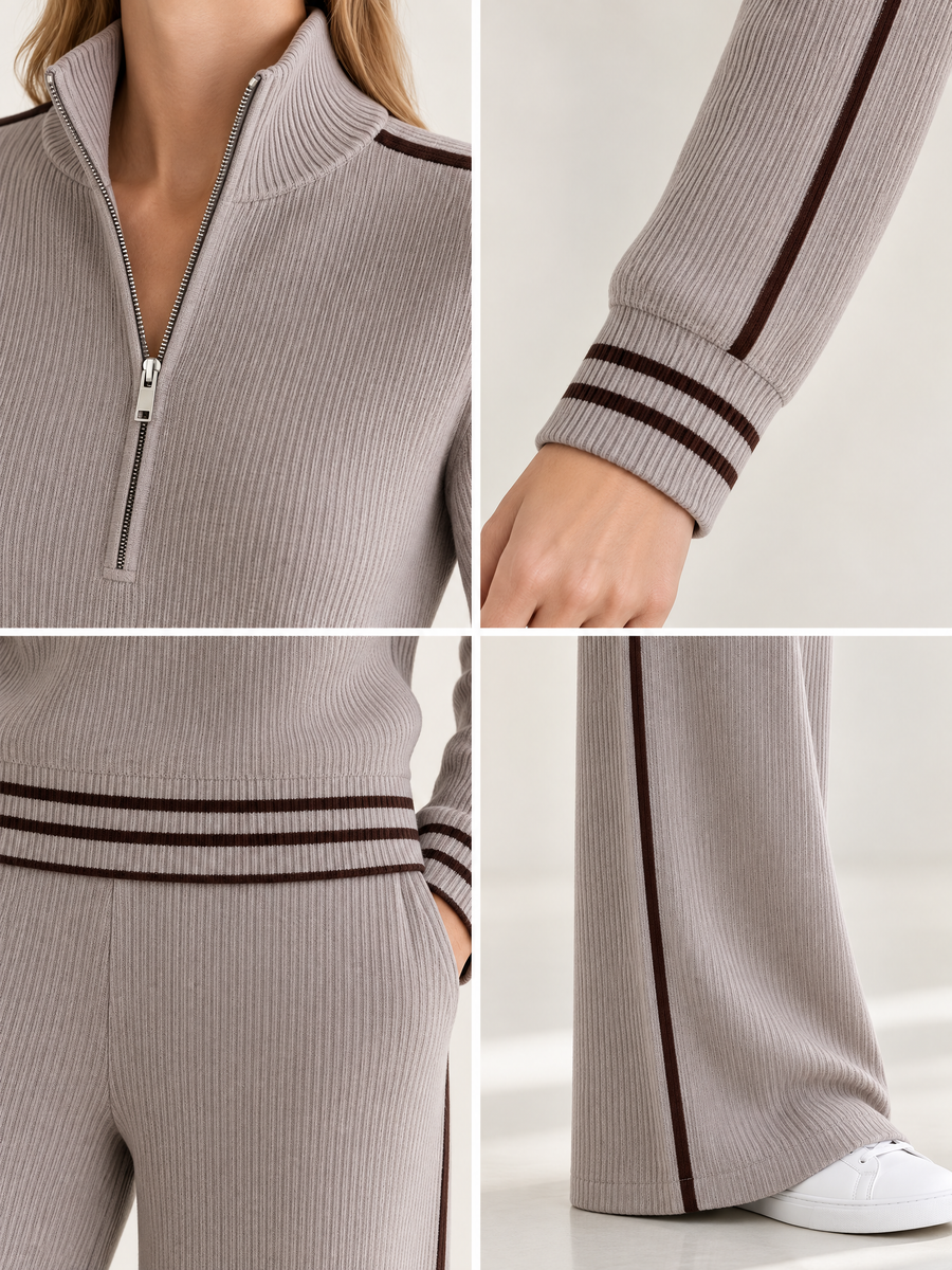 Taupe Half-Zip Knit Top And Wide-Leg Pants Stretch Set