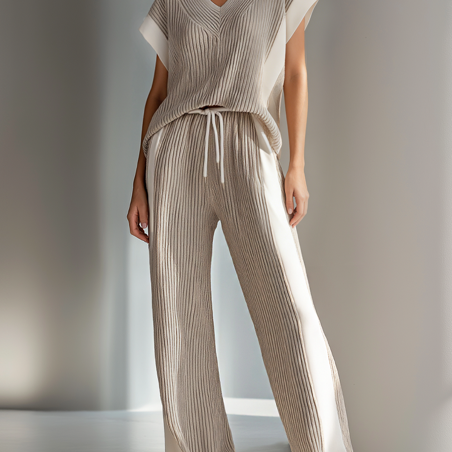 Women's Stylish And Lightweight Beige Knitted V-neck Top And Trousers Set