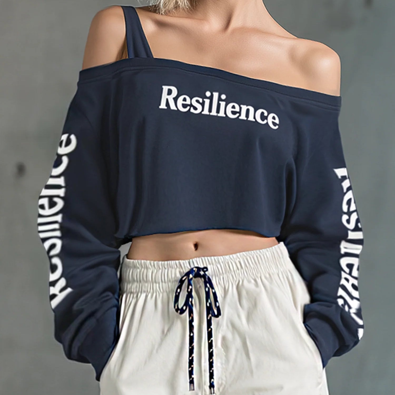 Women's Fashionable Casual Navy Blue Off-the-shoulder Short Sweatshirt With Letter Print
