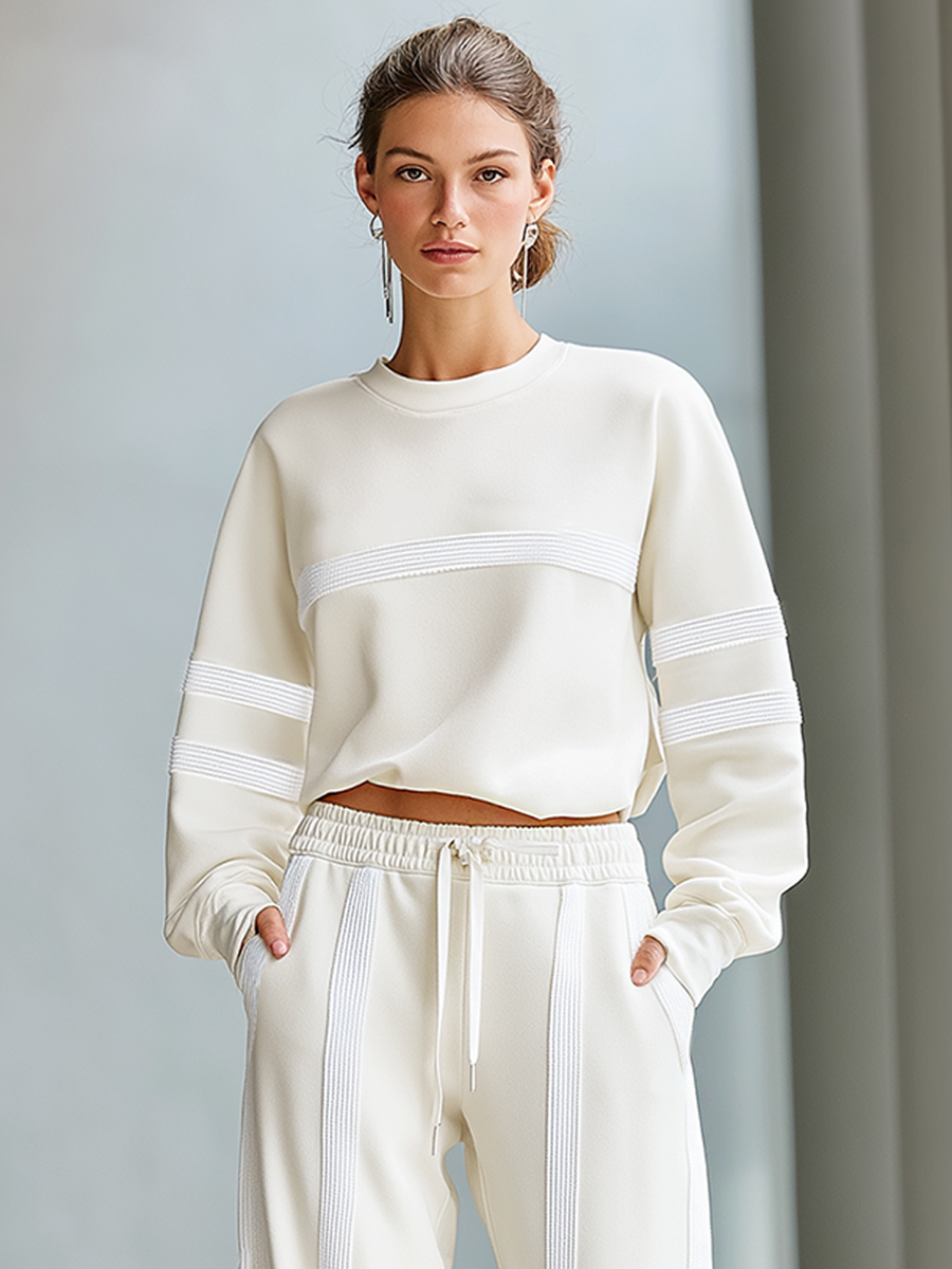 Women's Stylish Casual Beige Textured Patchwork Sweatshirt And Wide-leg Pants Set
