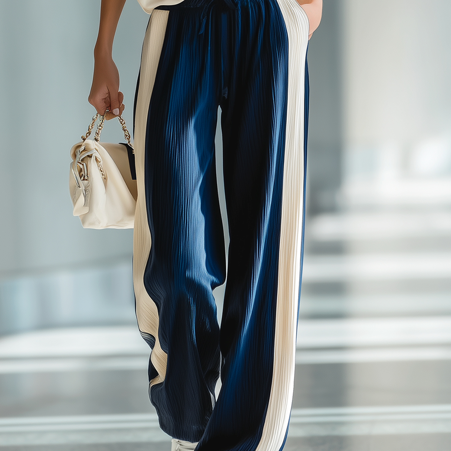 Women's Navy Blue Contrast-Color Drapey Ribbed Waistband Light Luxury Casual Pants