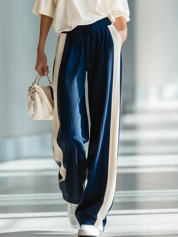 Women's Navy Blue Contrast-Color Drapey Ribbed Waistband Light Luxury Casual Pants