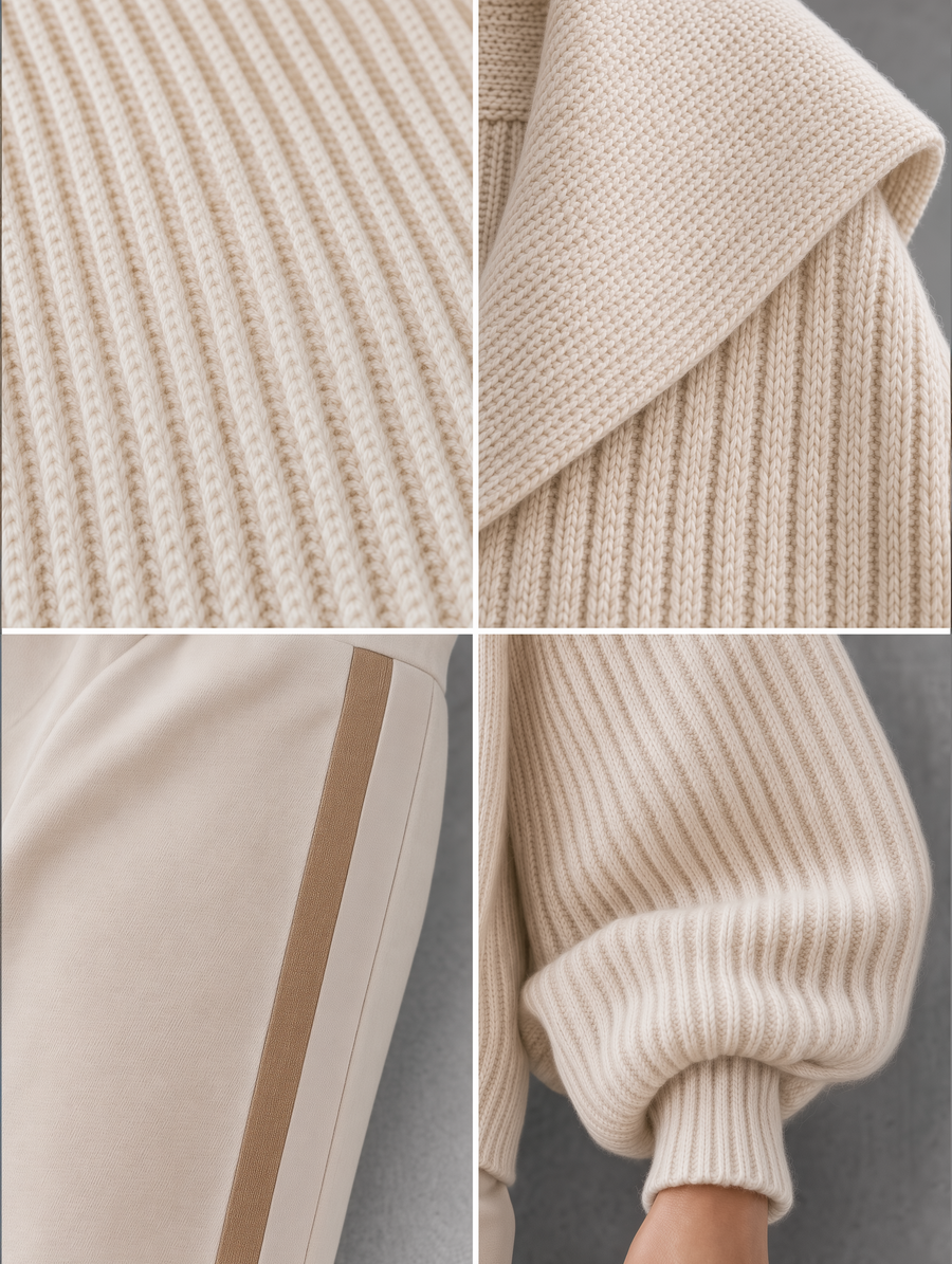 Cream Shawl-Collar Knit Cardigan & Side-Stripe Jogger Pants Set