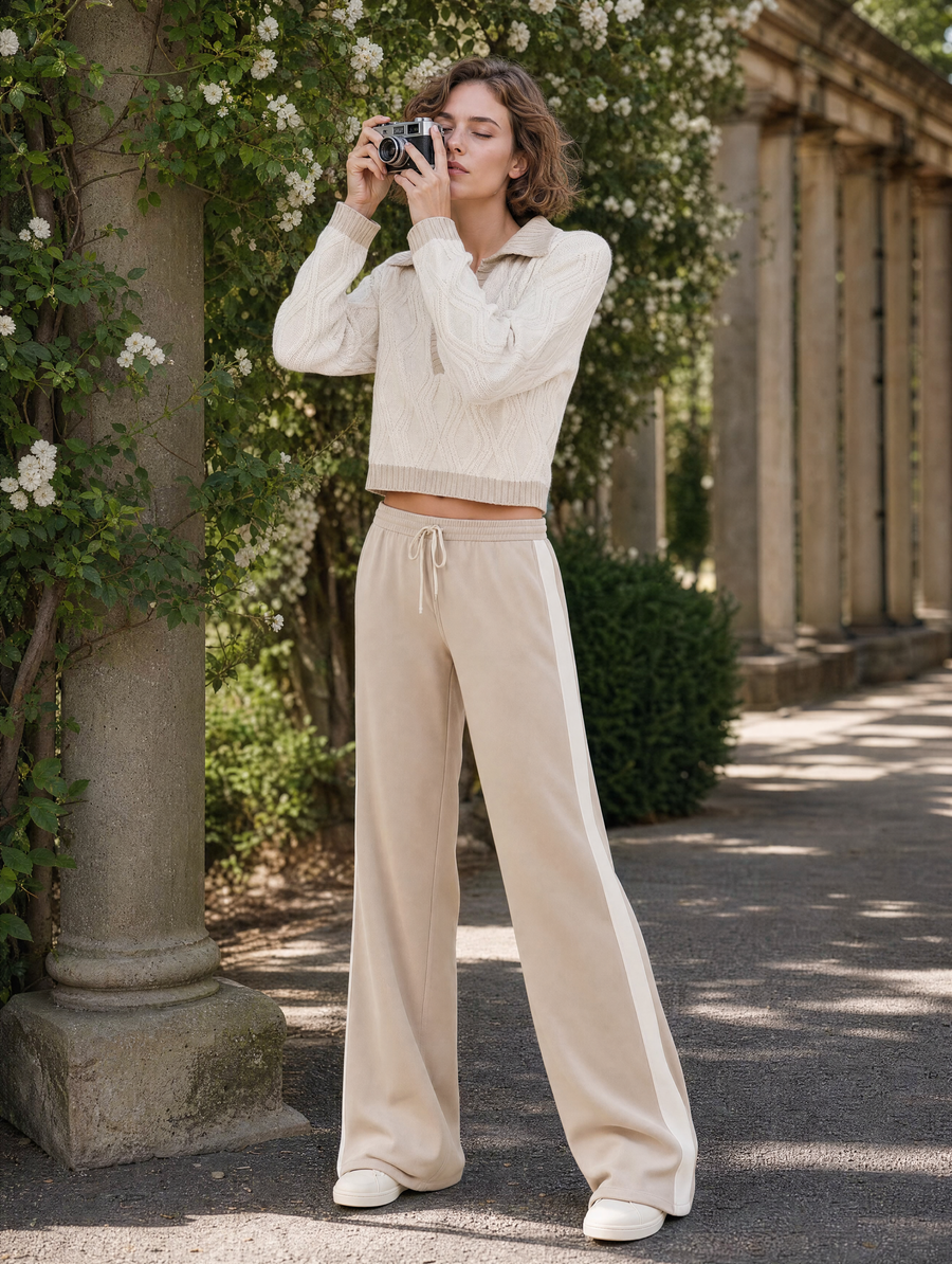 White Color-block V-neck Long-sleeve Sweater And Khaki Wide-leg Trousers Set