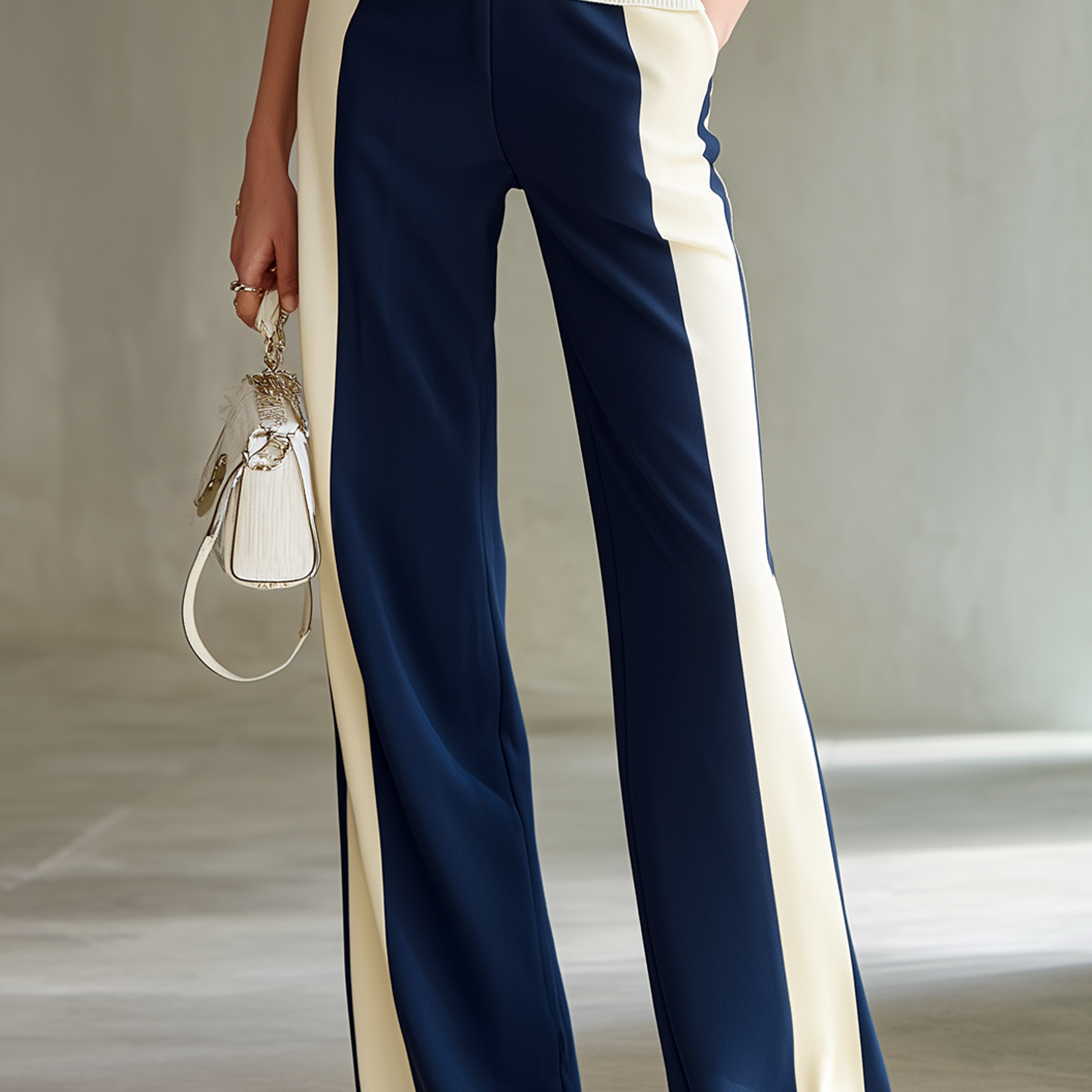 Women's American Retro Style Navy Blue Color-blocked Loose Casual Pants