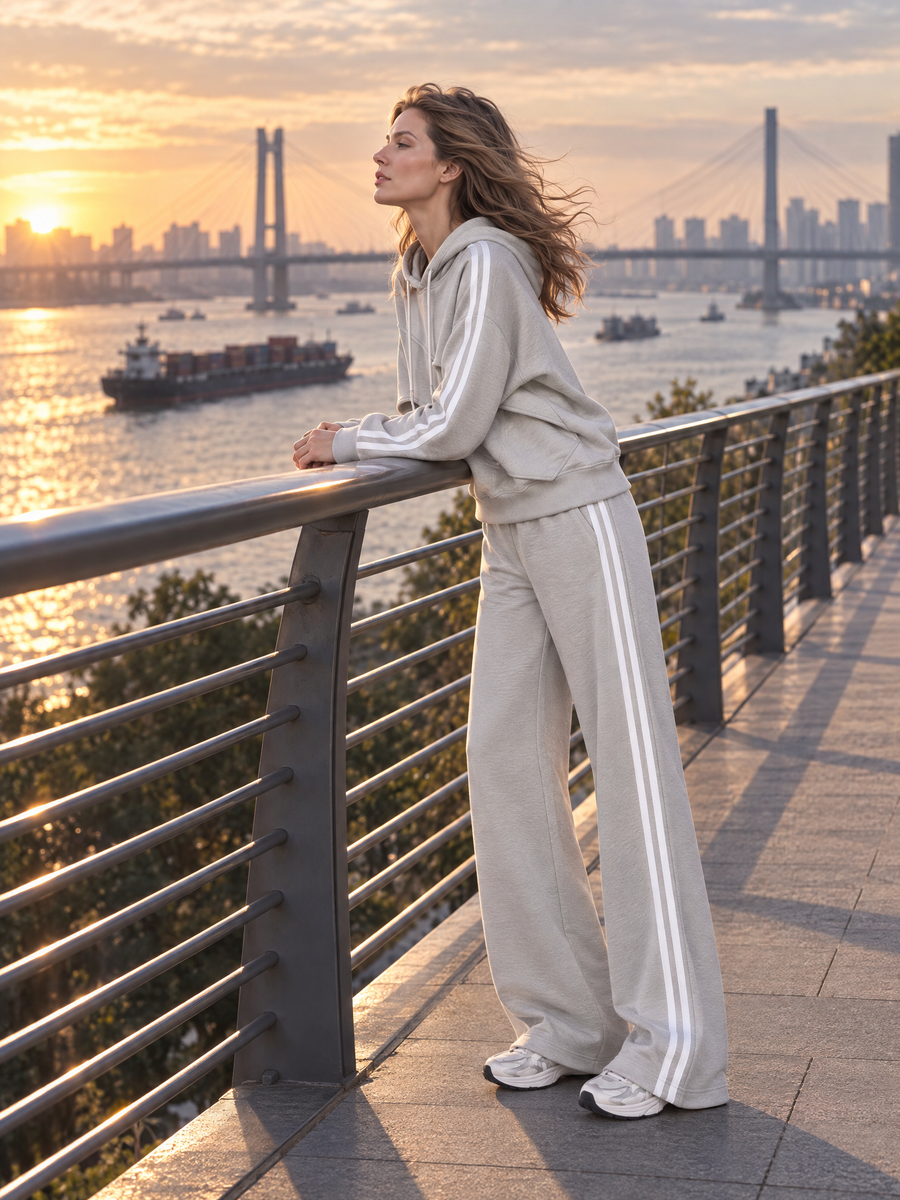 Grey Stylish Sporty Long-sleeve Hooded Sweatshirt And Wide-leg Pants Set