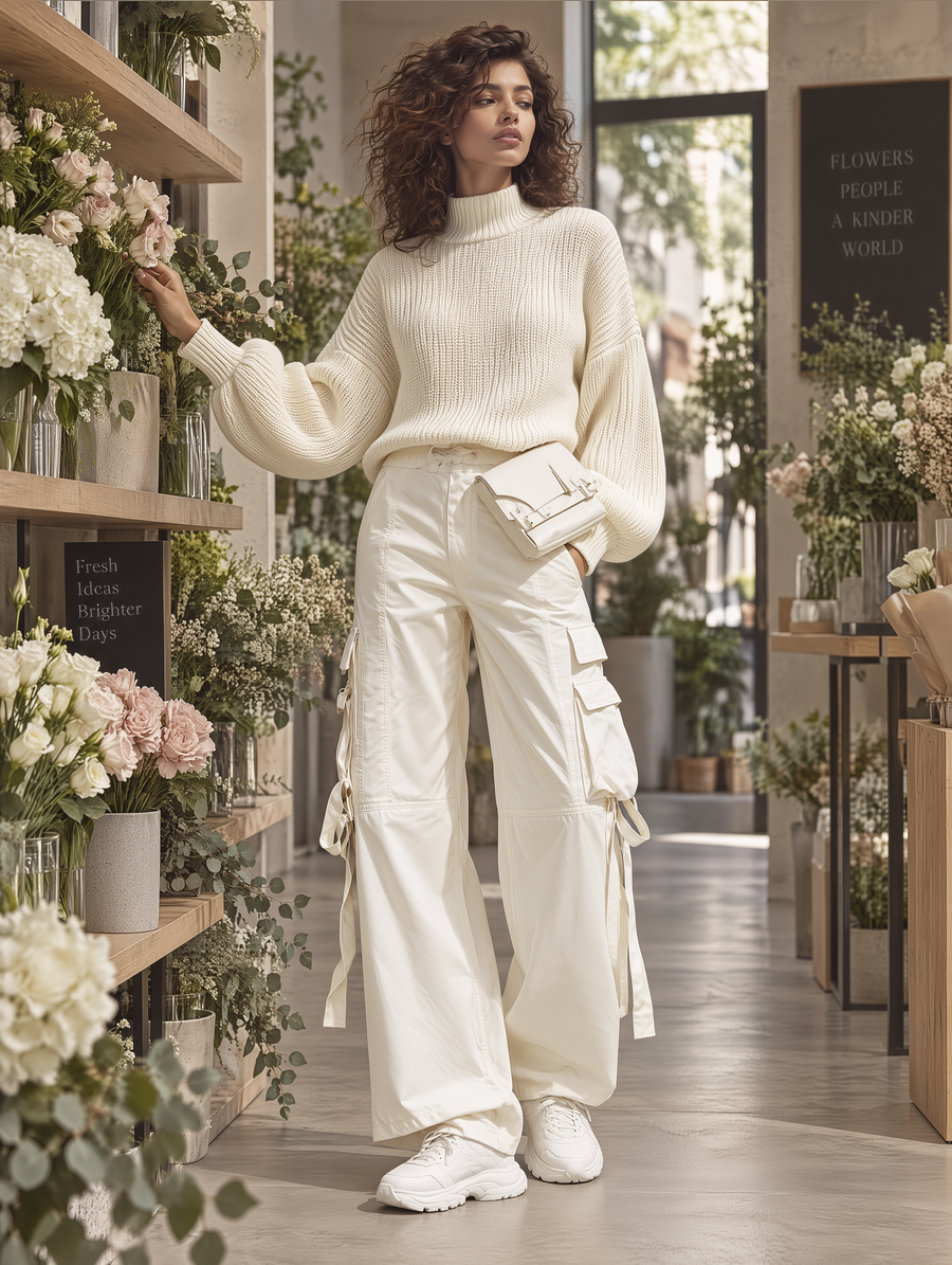 Ivory Mock-Neck Knit Sweater & Wide-Leg Cargo Pants Set