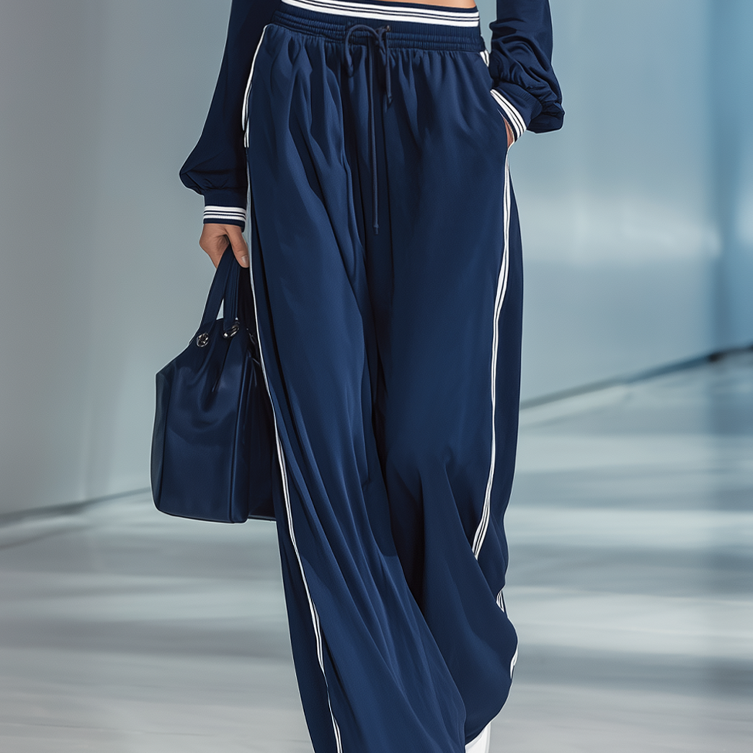 Women's Fashionable Casual Navy Blue And White Striped Drawstring Wide-leg Pants