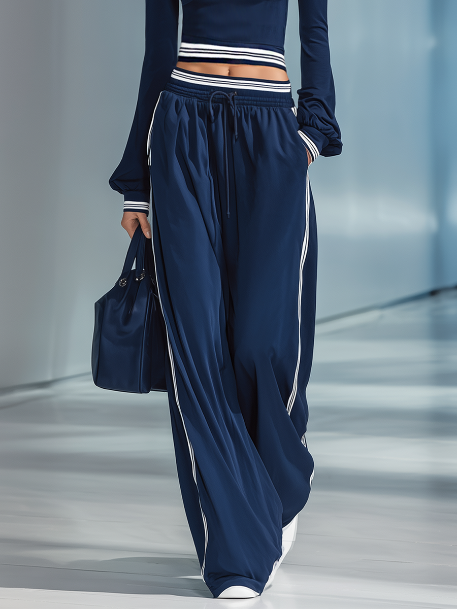 Women's Fashionable Casual Navy Blue And White Striped Drawstring Wide-leg Pants