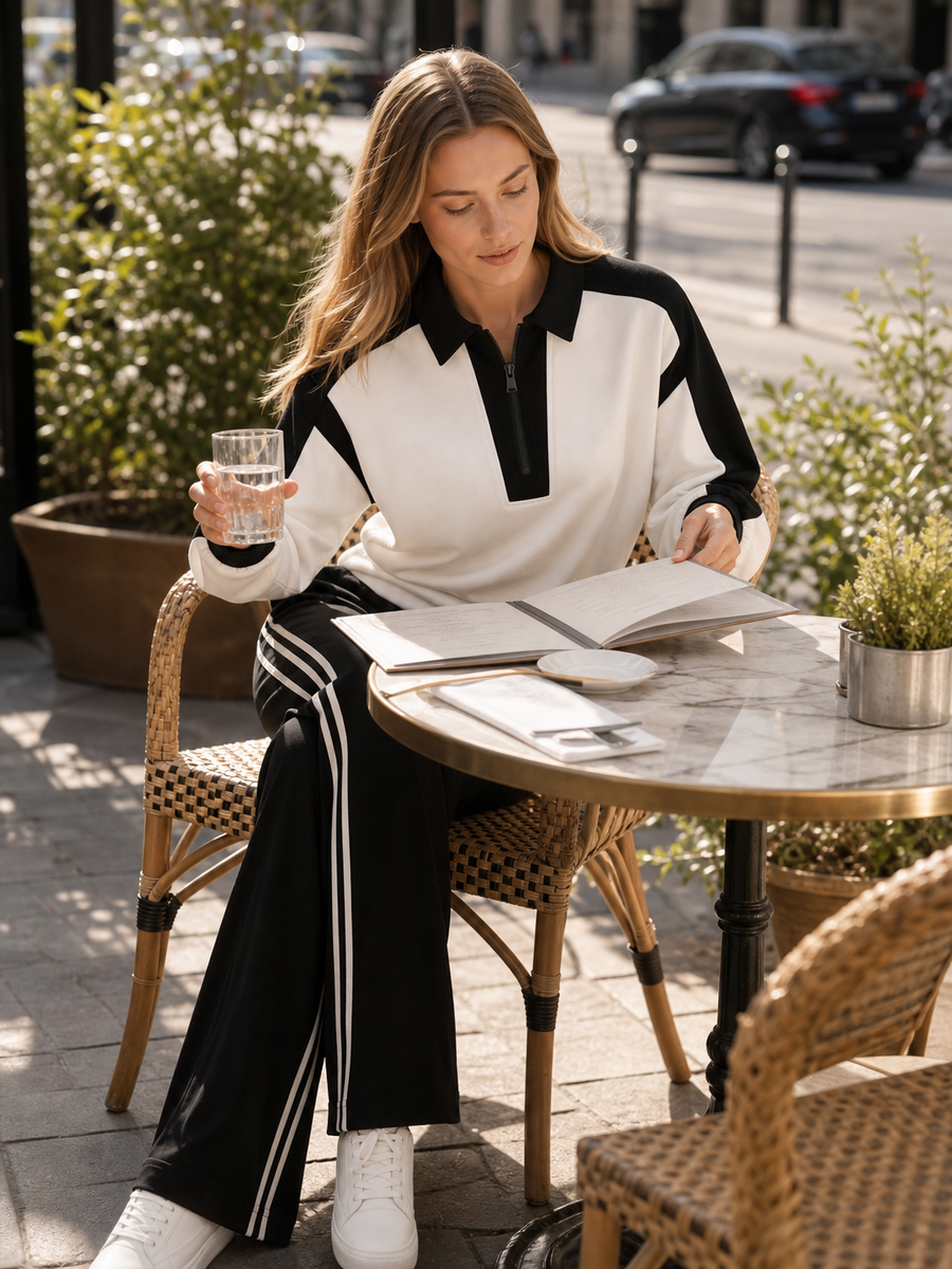 Black And White Color-block Half-zip Long-sleeve Top And Pants Set In A Casual Sporty Style