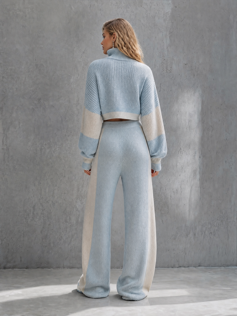 Light Blue Half-Zip Cropped Knit Cardigan & Wide-Leg Pants Set