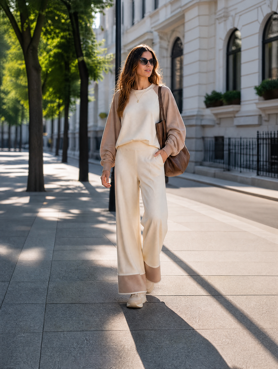 Beige And Camel Color-block Raglan-sleeve Top And Wide-leg Trousers Set
