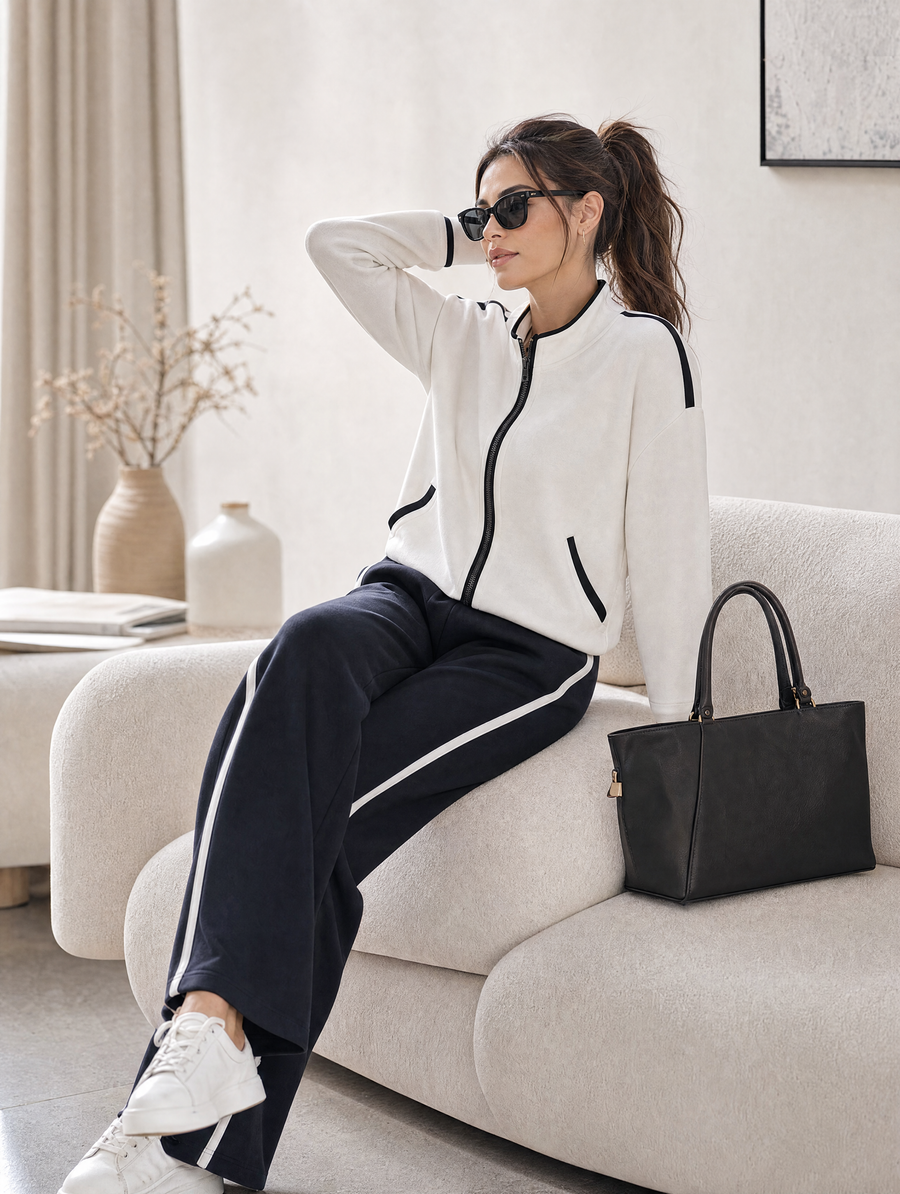 White‑Black Contrast Stand Collar Zip‑Up Tracksuit Set