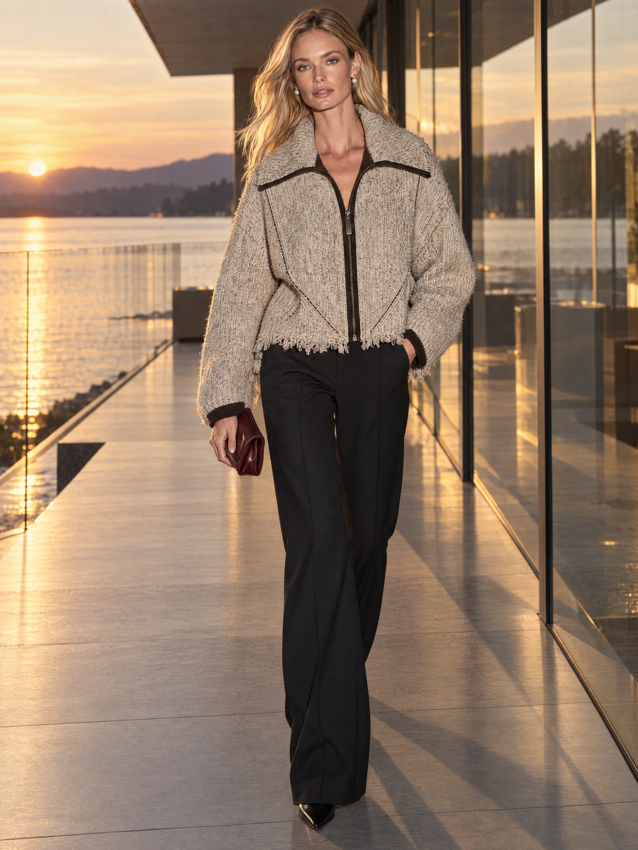 Oatmeal-colored Color-block Zip-up Knit Cardigan With A Collar And Tassels.