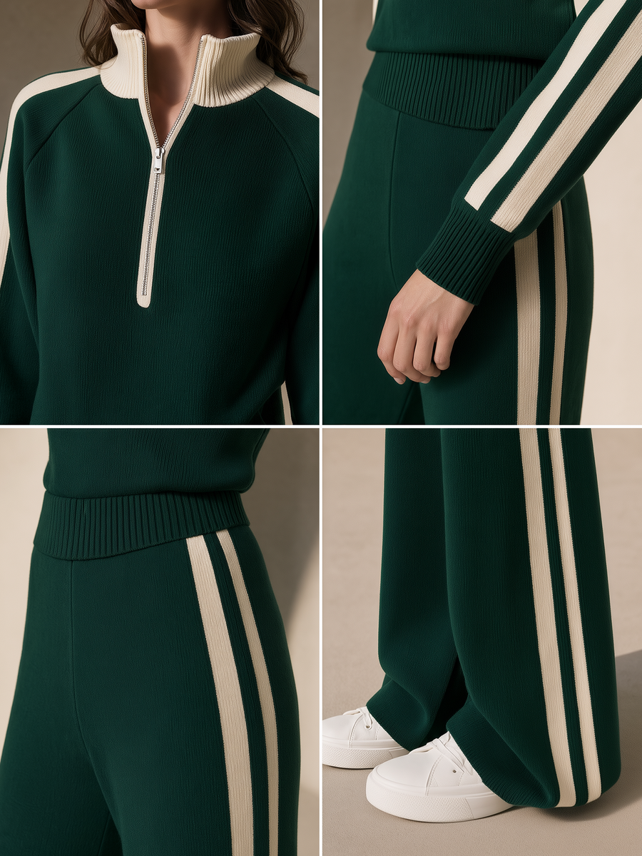 Dark Green Cream Half‑Zip Stand Collar Knit Wide Leg Pants Set