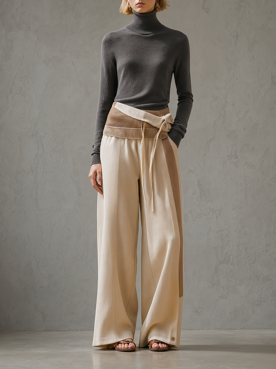 Charcoal Turtleneck & Cream Wrap-Tie Wide-Leg Pants Set