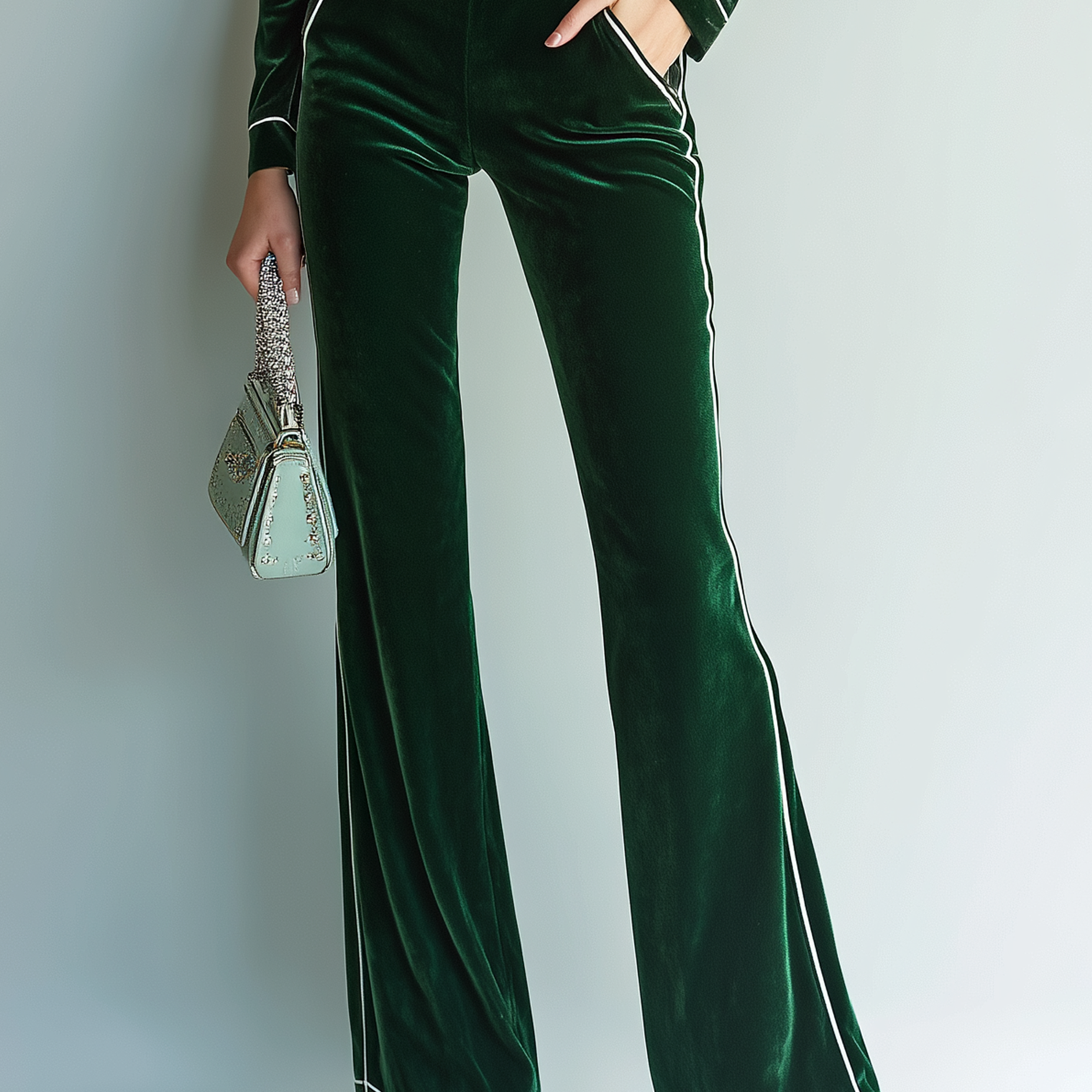 Women's Dark Green Color-blocked High-waisted Wide-leg Flared Trousers